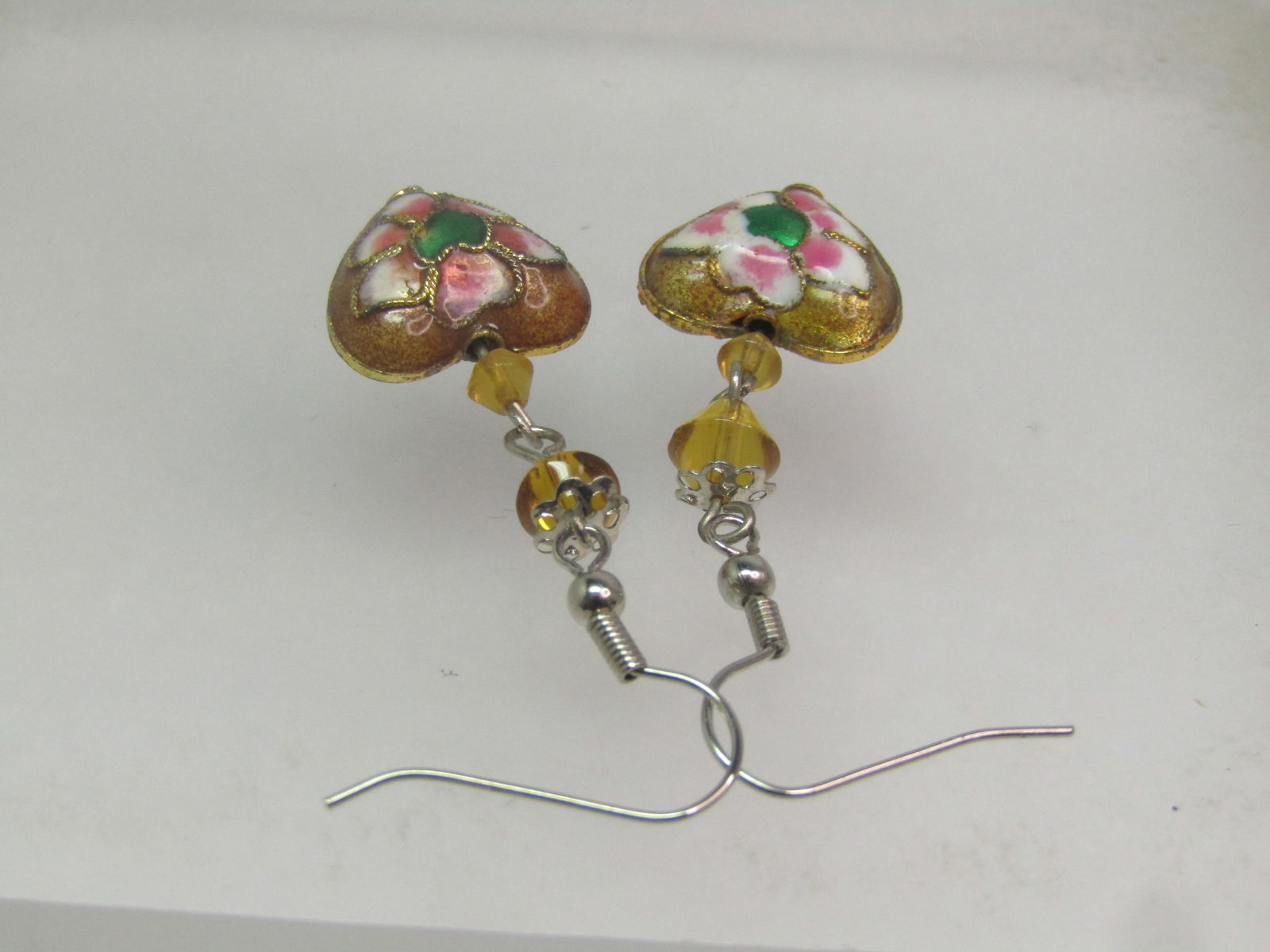 Vintage Champleve Heart Floral Earrings, Pierced, Dangle, 1970's - 4