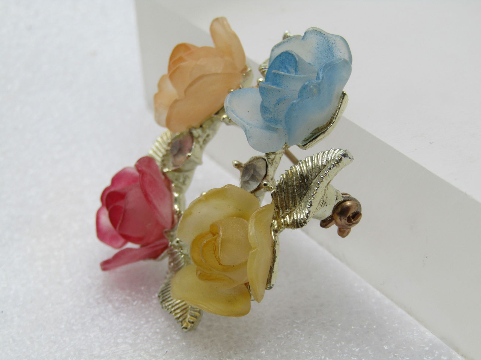Vintage Faux Carved Rose Brooch with Rhinestones, 1950's-1960's - 2