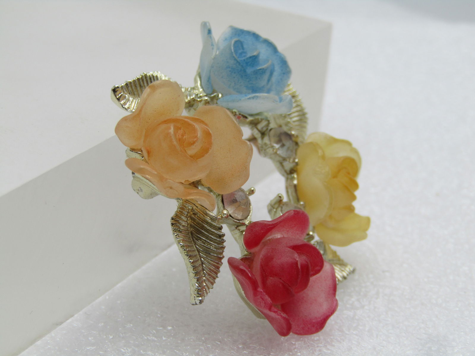 Vintage Faux Carved Rose Brooch with Rhinestones, 1950's-1960's - 3