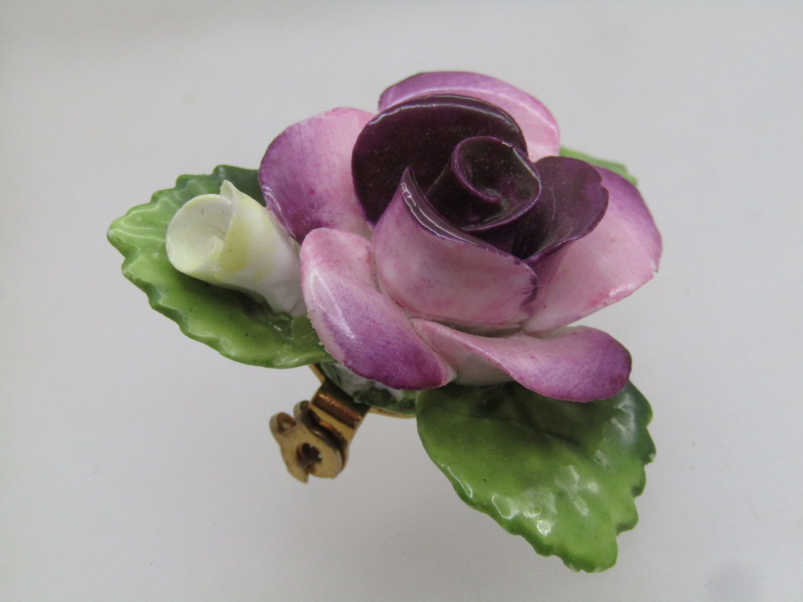 Vintage Porcelain Rose Brooch, England, 1960's, 1.75", Signed - 2