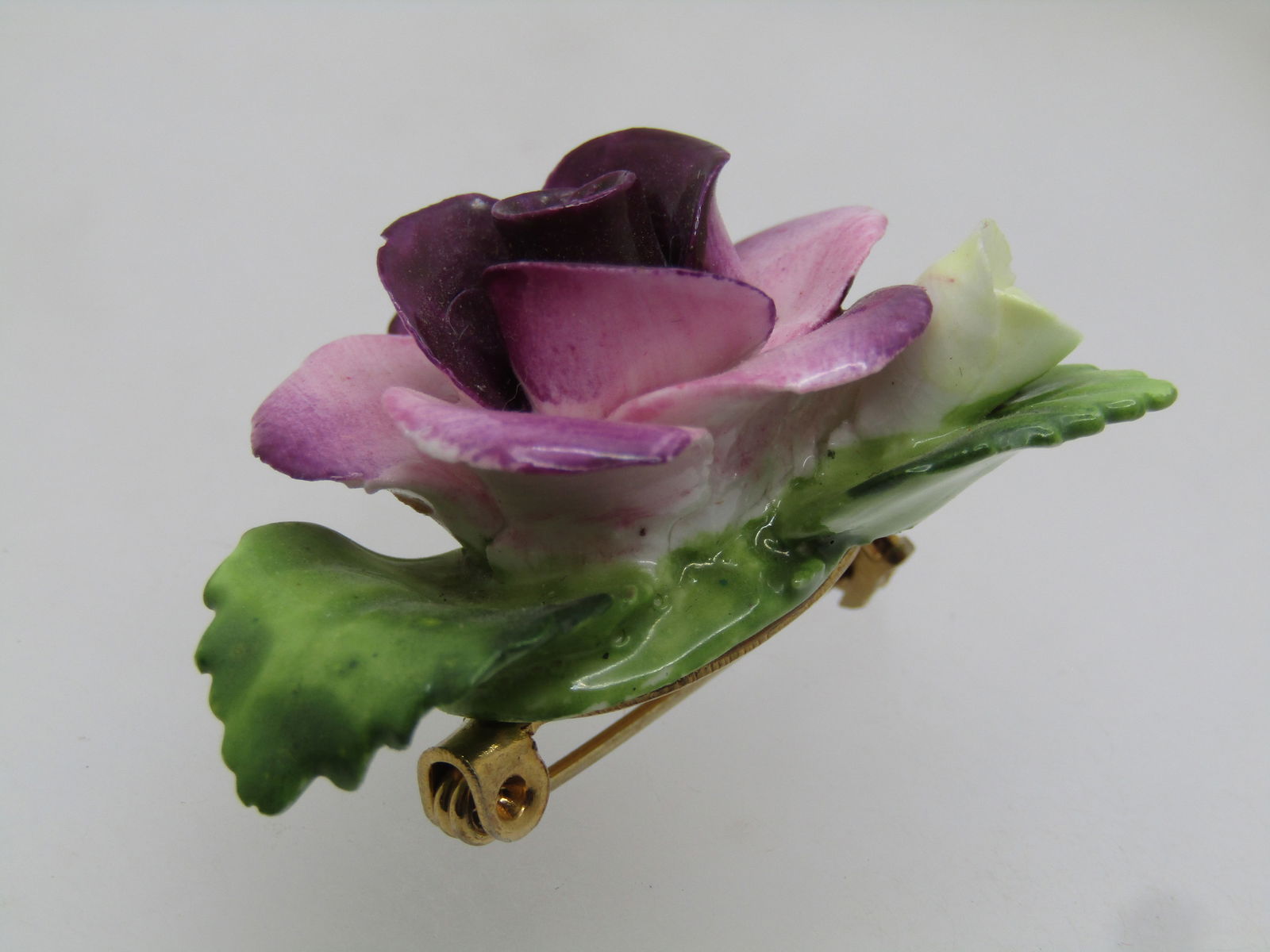 Vintage Porcelain Rose Brooch, England, 1960's, 1.75", Signed - 3