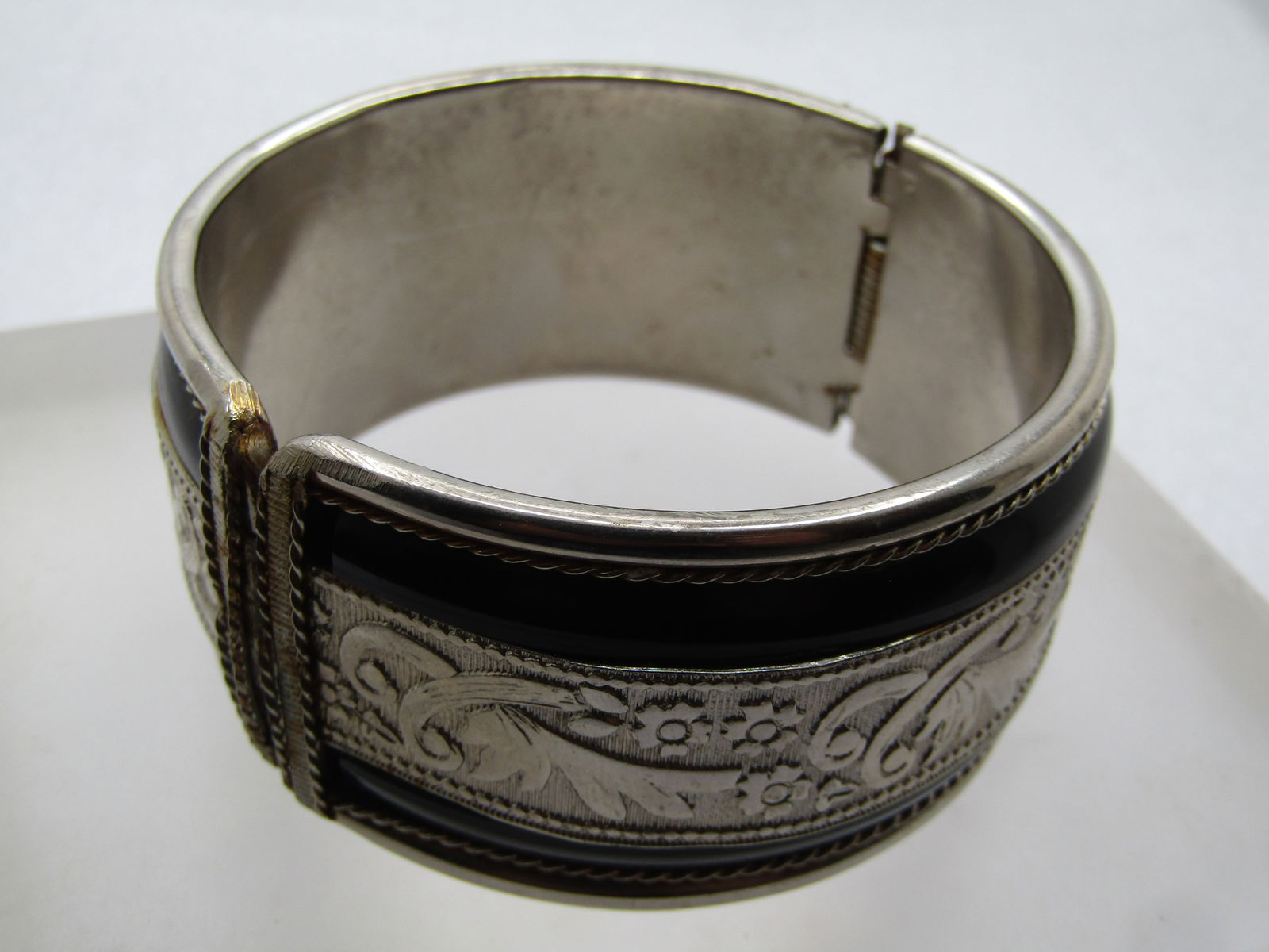 Vintage Black Enameled & Floral Cuff Bracelet, Hinged, 7" 1960's-1970's - 7