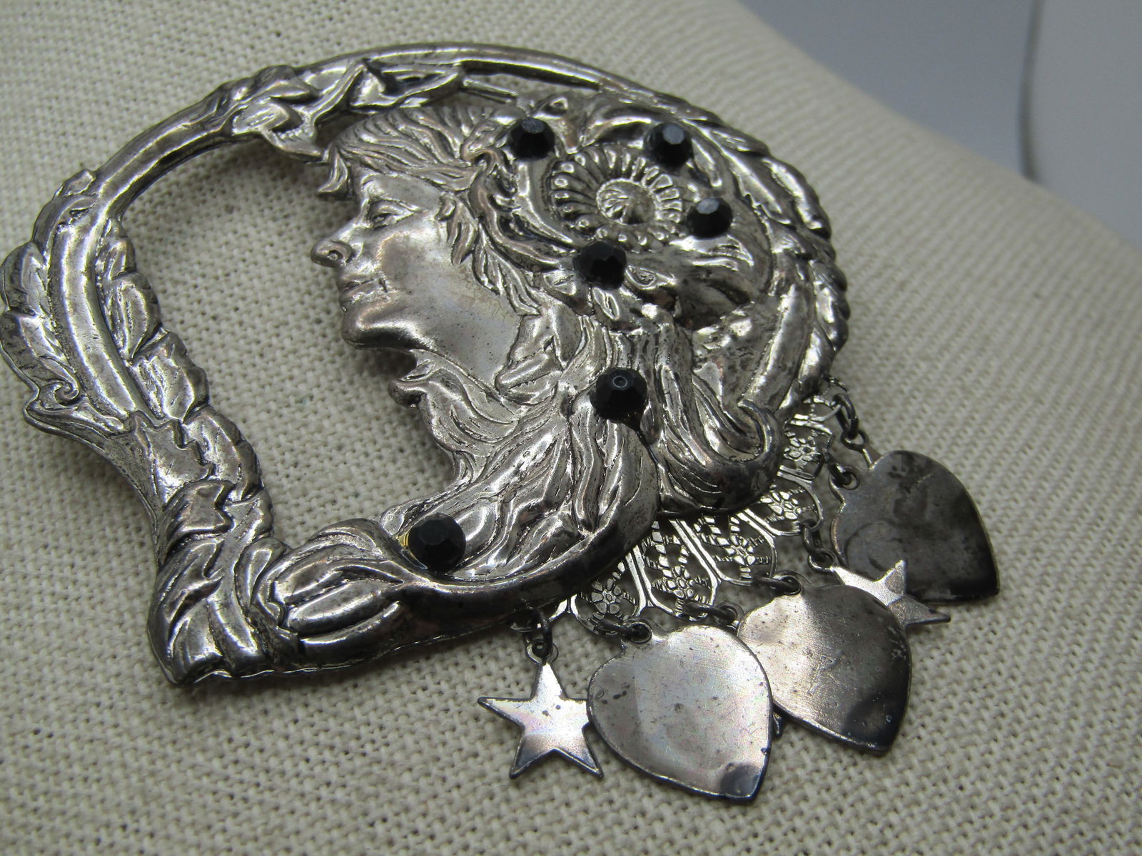 Vintage Person Floral Rhinestone Framed Brooch with Dangling Hearts and Stars - 2