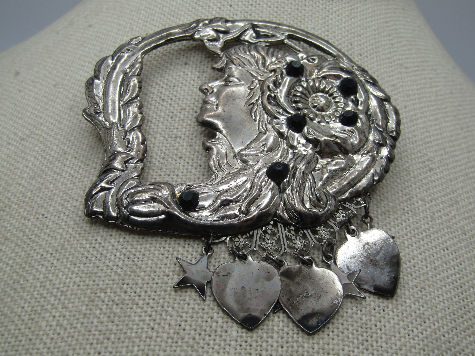 Vintage Person Floral Rhinestone Framed Brooch with Dangling Hearts and Stars - 3