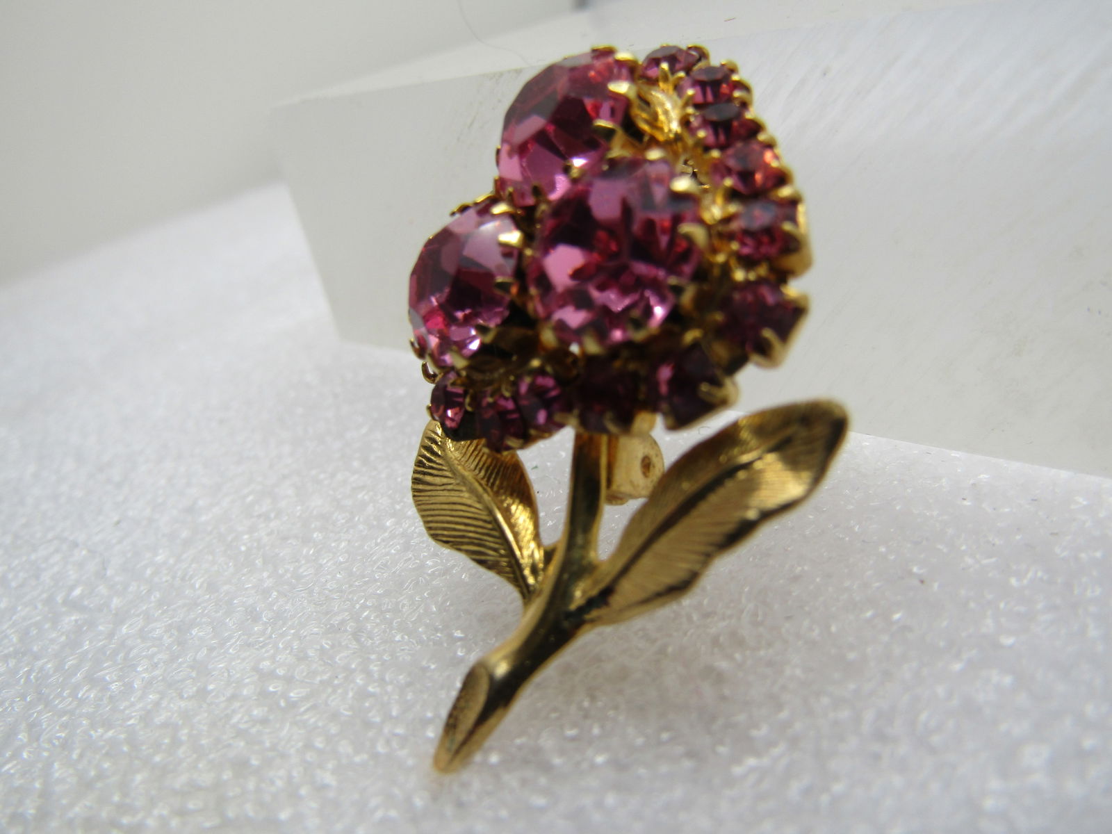Vintage Pink Rhinestone Floral Brooch, Blossom & Stem, 1960's - 2