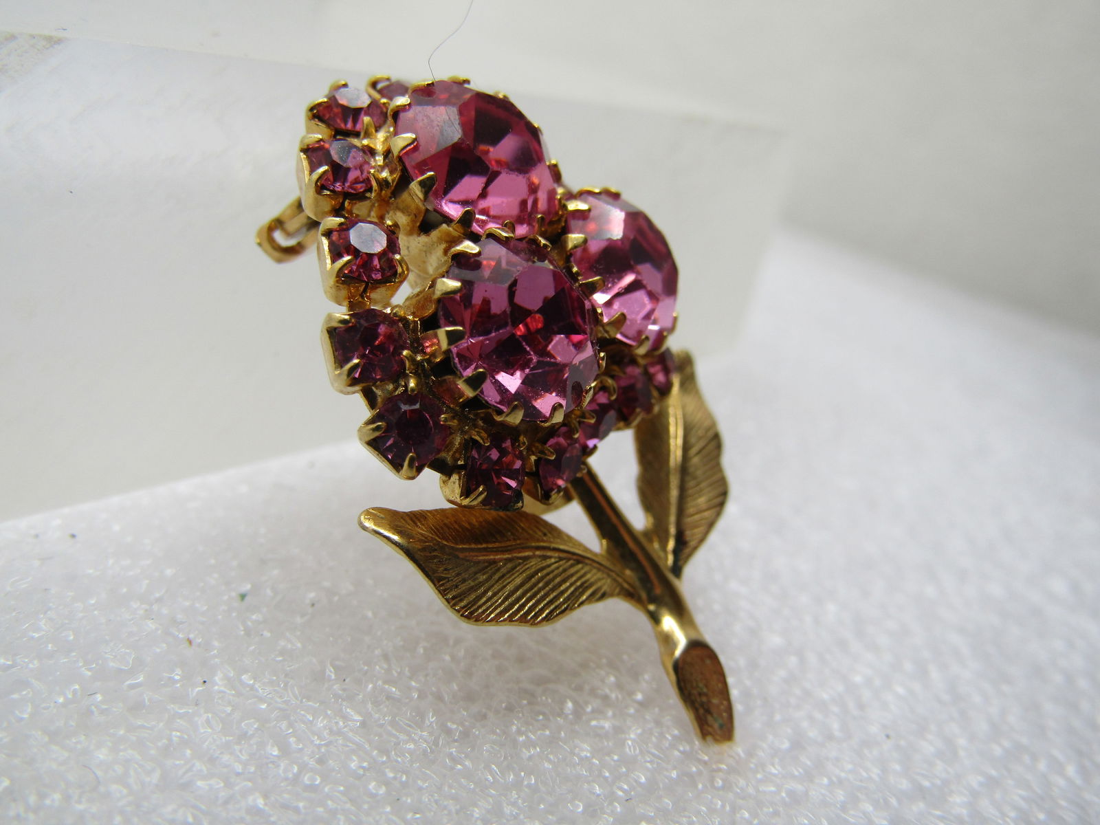Vintage Pink Rhinestone Floral Brooch, Blossom & Stem, 1960's - 3