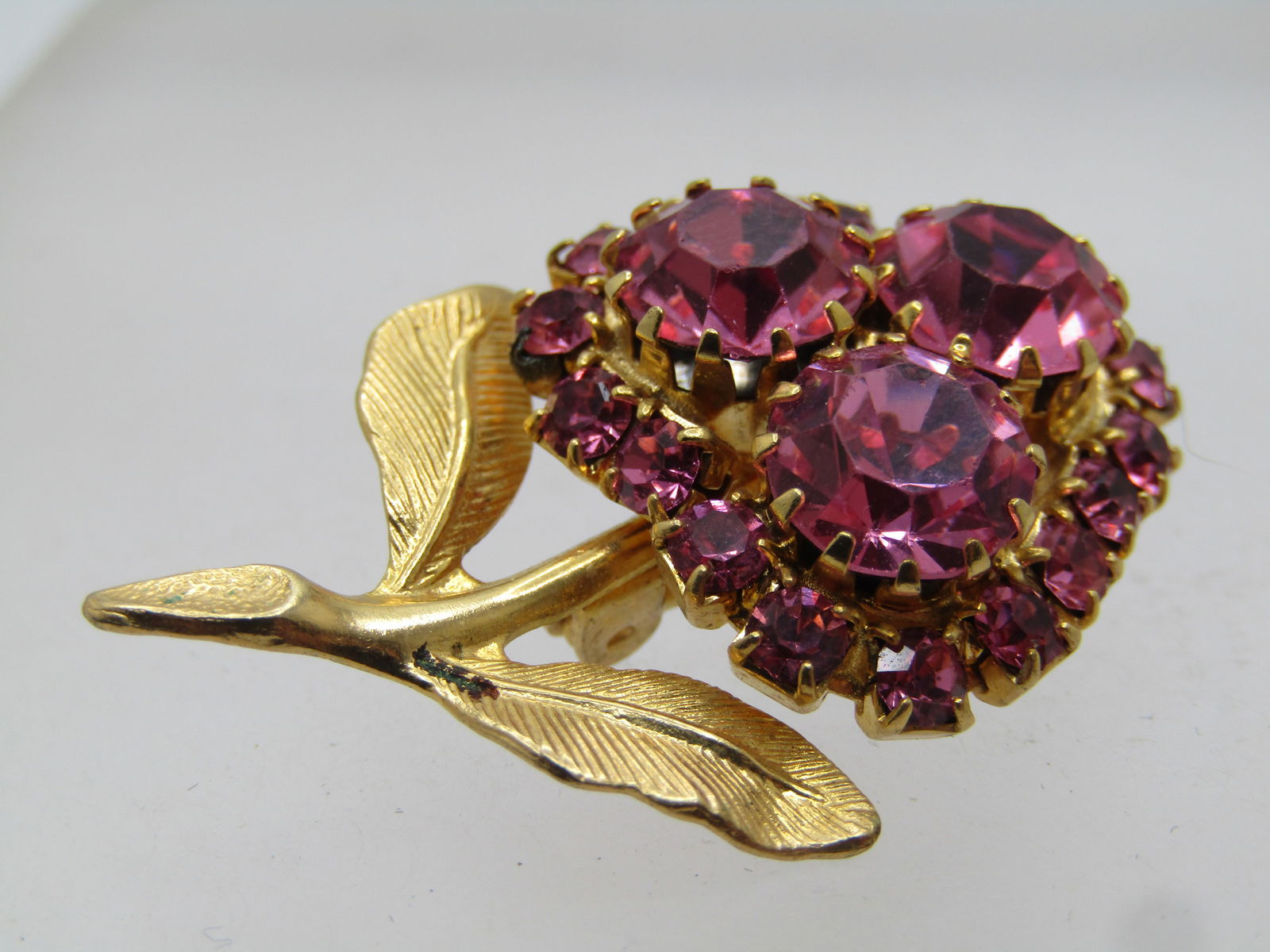 Vintage Pink Rhinestone Floral Brooch, Blossom & Stem, 1960's - 5