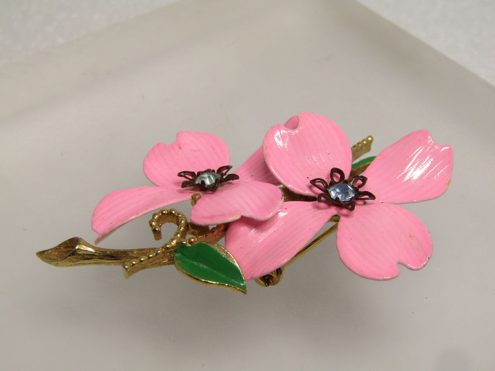 Vintage Pink Double Dogwood Brooch, Rhinestones, 1960's - 2