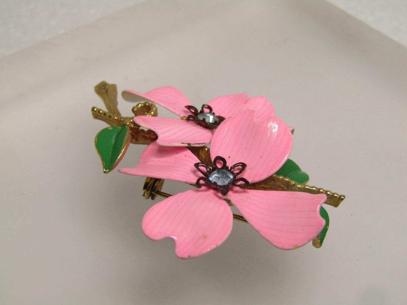 Vintage Pink Double Dogwood Brooch, Rhinestones, 1960's - 3