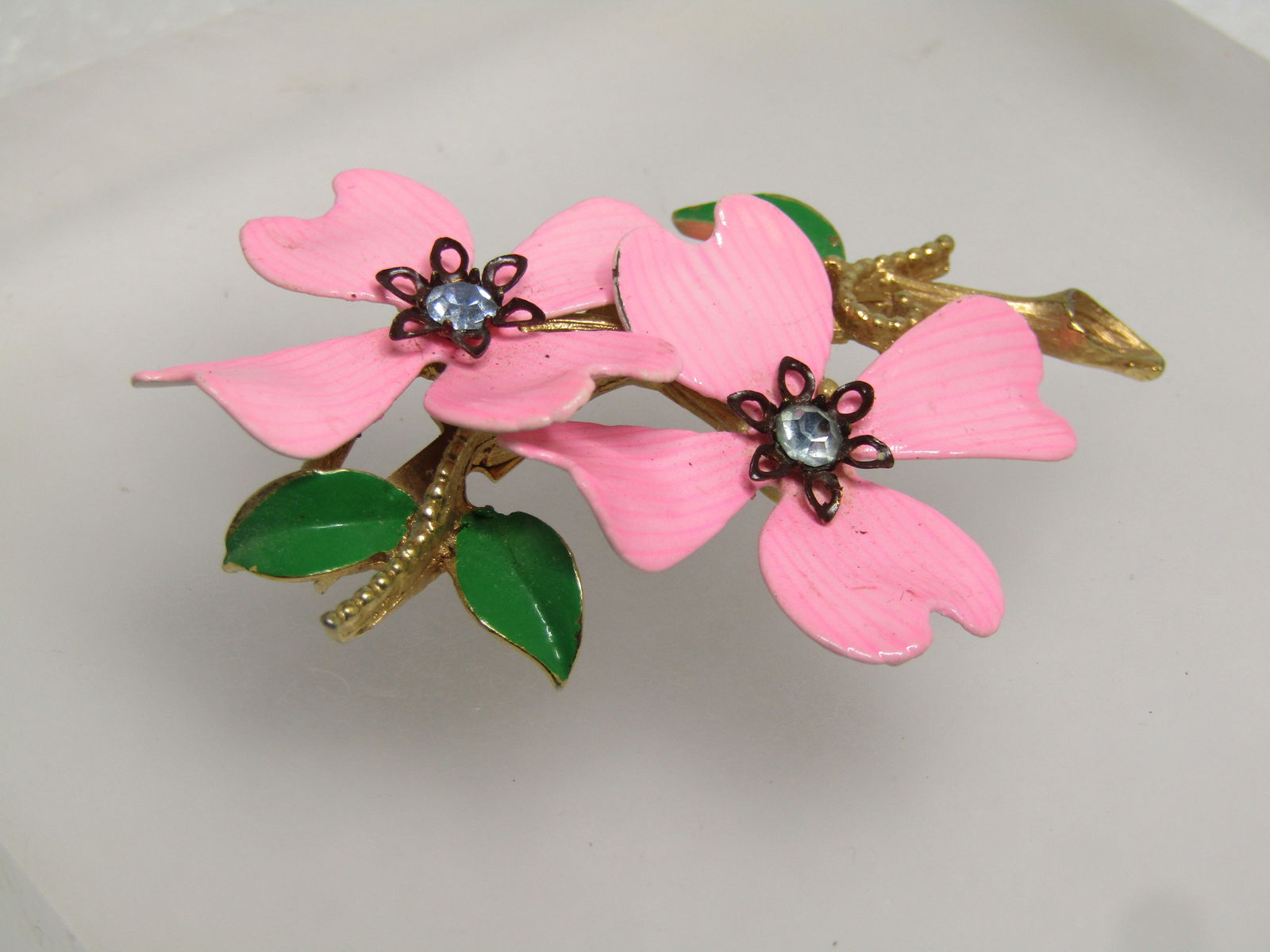 Vintage Pink Double Dogwood Brooch, Rhinestones, 1960's - 4