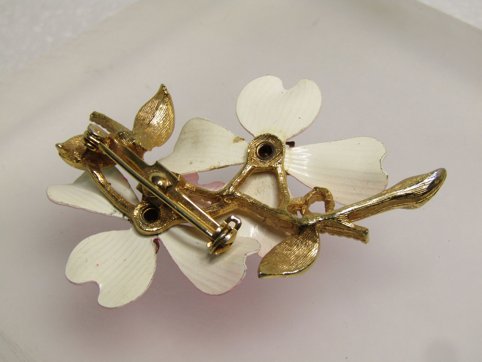 Vintage Pink Double Dogwood Brooch, Rhinestones, 1960's - 5