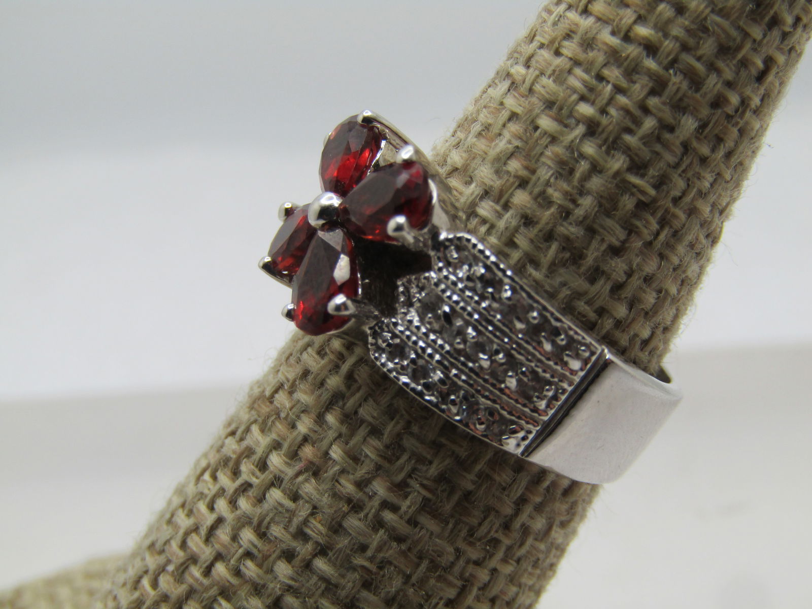 Silver Plated Tourmaline Floral or Butterfly & CZ Wide Ring, Sz. 7, 1990's - 2