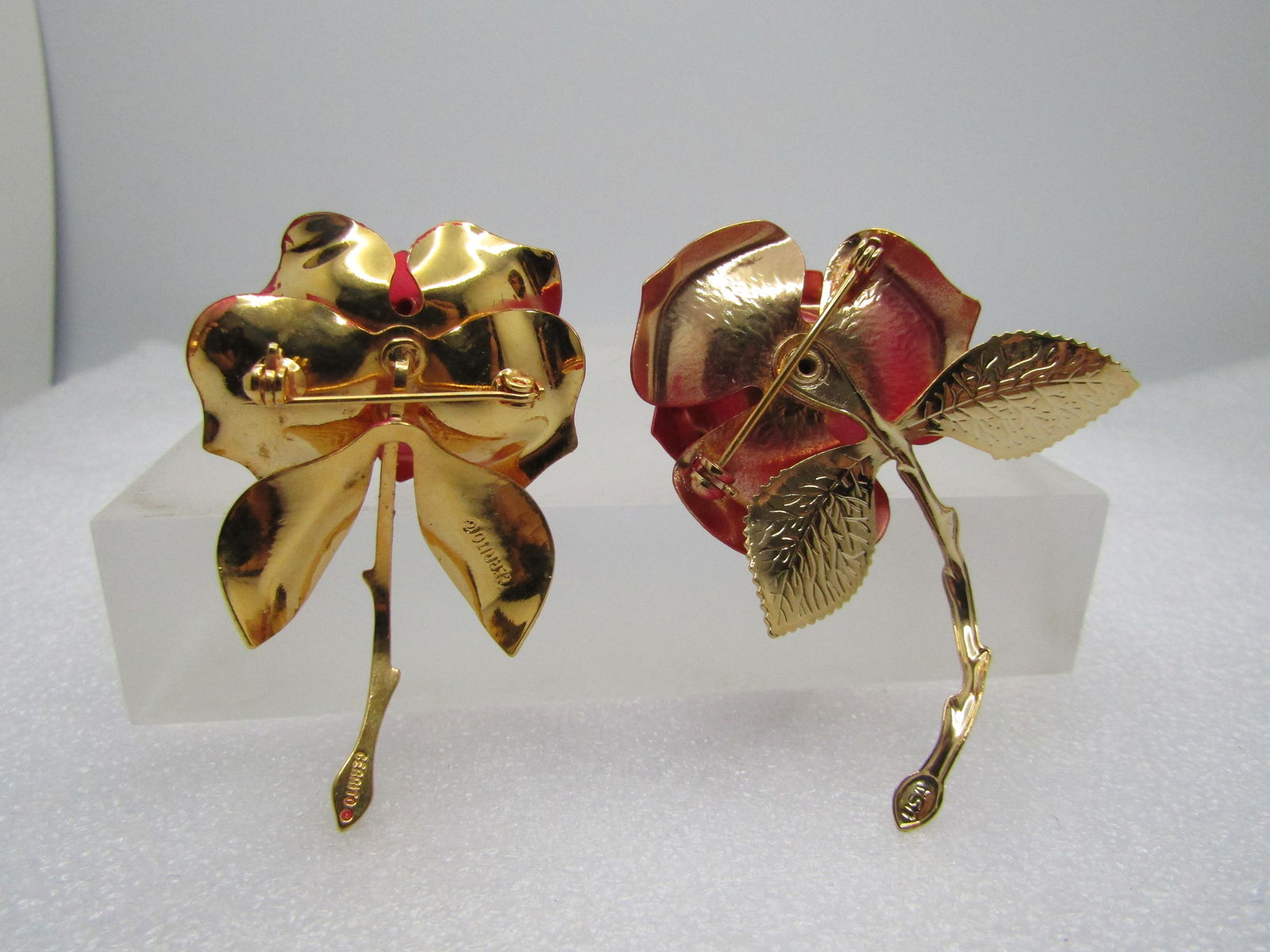 Vintage Red Rose Two Brooches & Earrings Set, Clip, Signed Cerrito, 1960's-1970's - 5