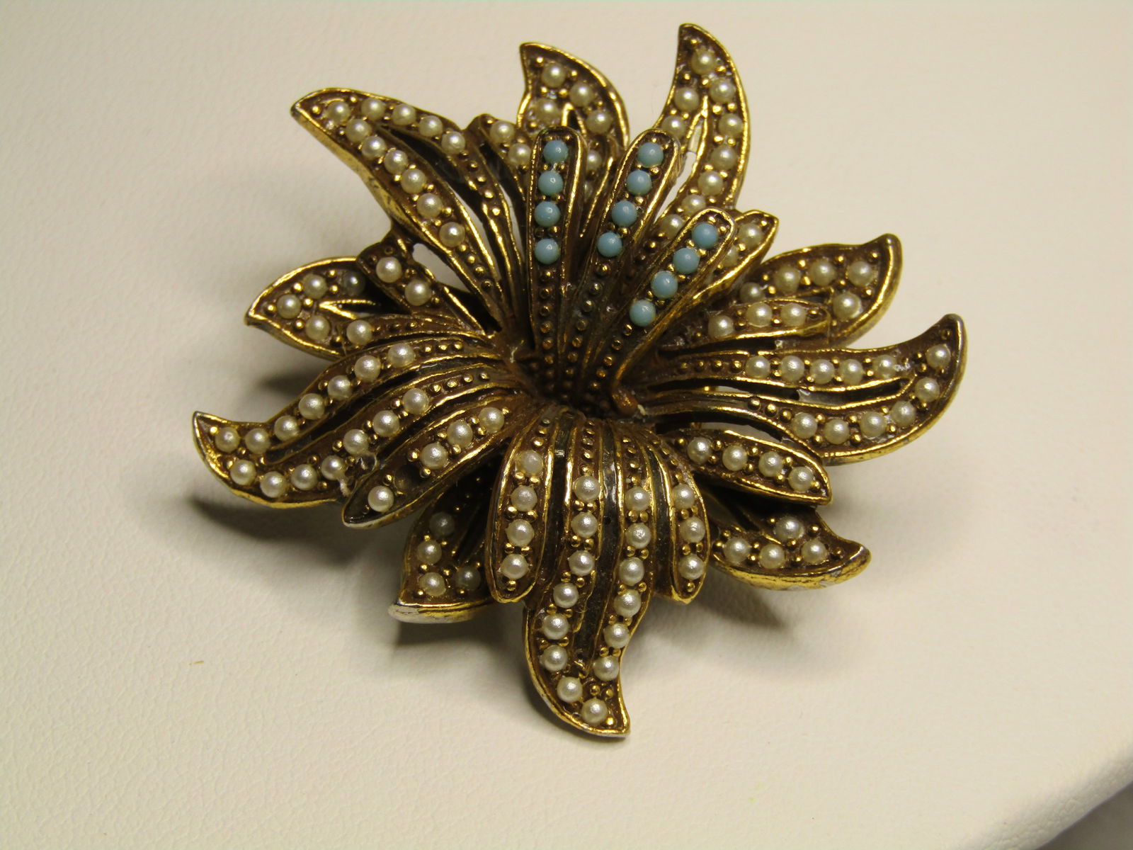Vintage Floral Faux Pearl Turquoise Brooch, Florenza, 1950's - 2