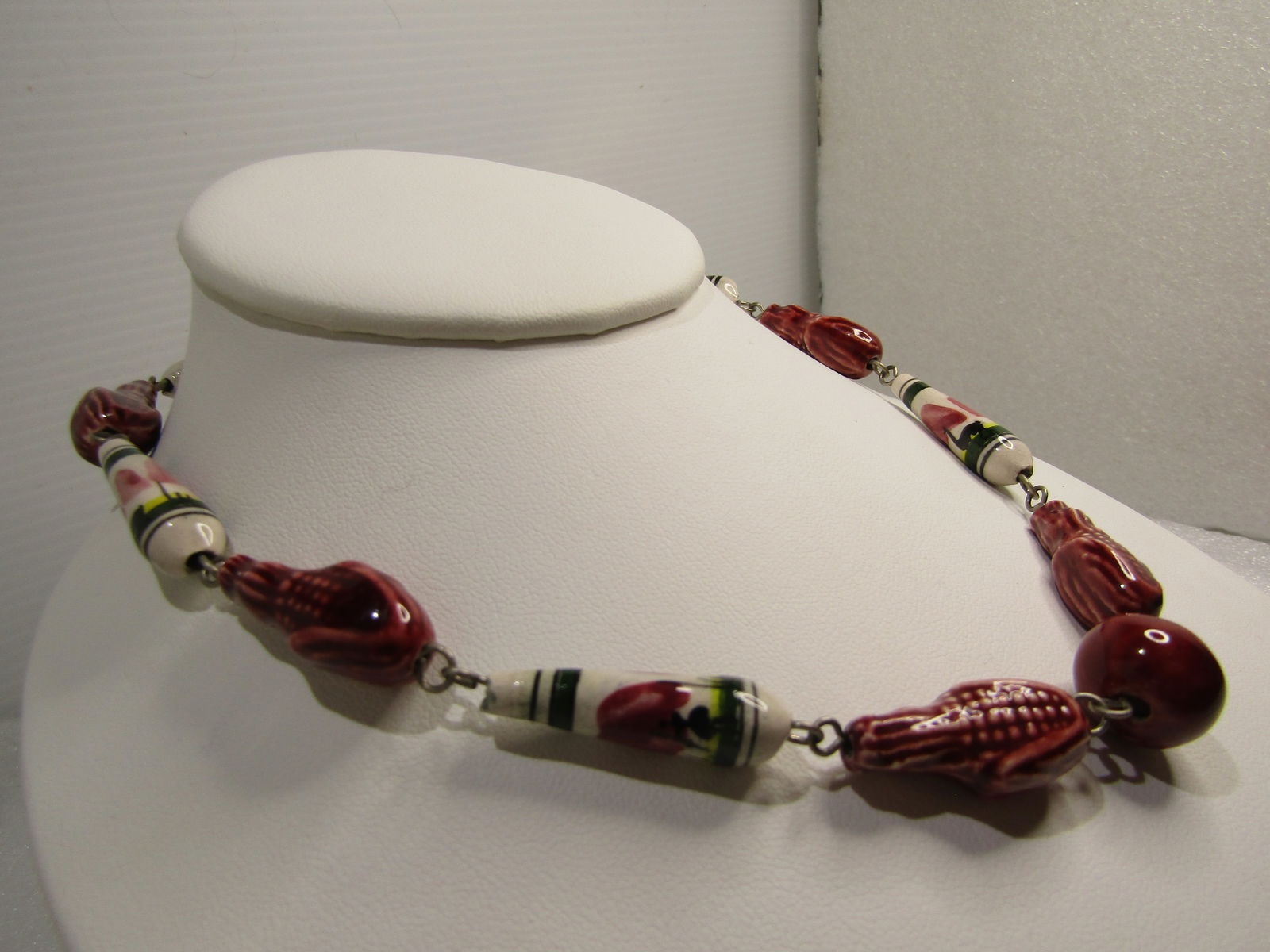 Vintage Ceramic Scenic & Corn Beaded Necklace, 22", Hook Clasp, 1970's - 2