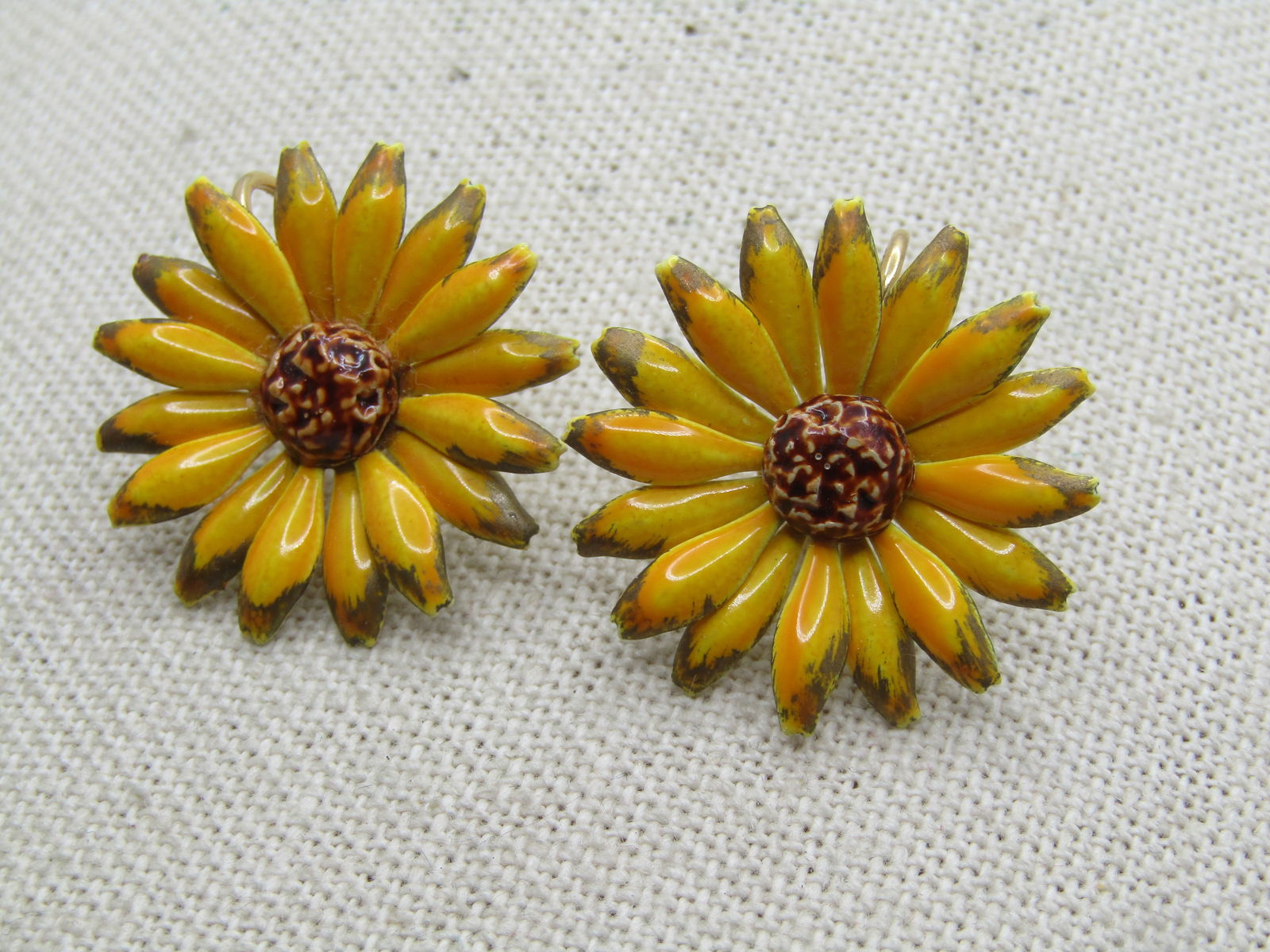 Vintage Yellow Enameled Floral Earrings, Clip, 1960's - 2