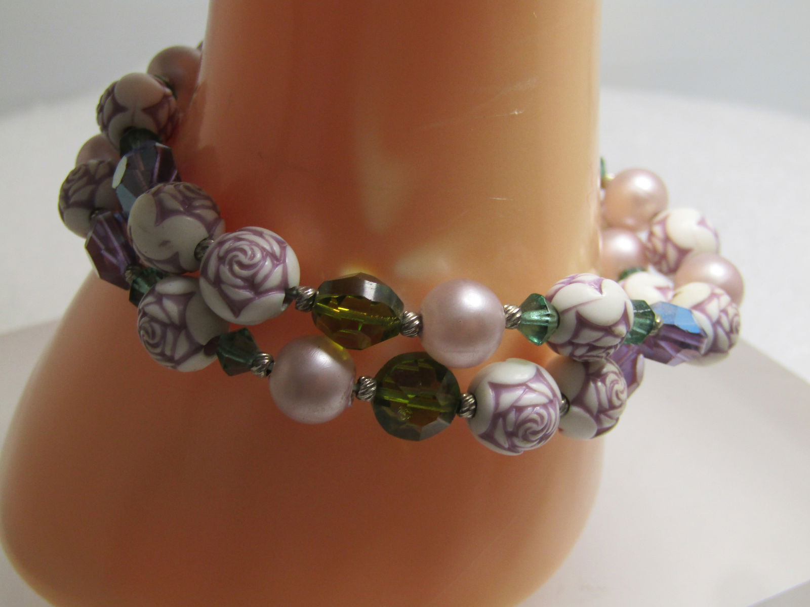 Vintage Double Strand Floral Bracelet, Crystal Beads Too, 7.5", Box Clasp, 1960's - 2
