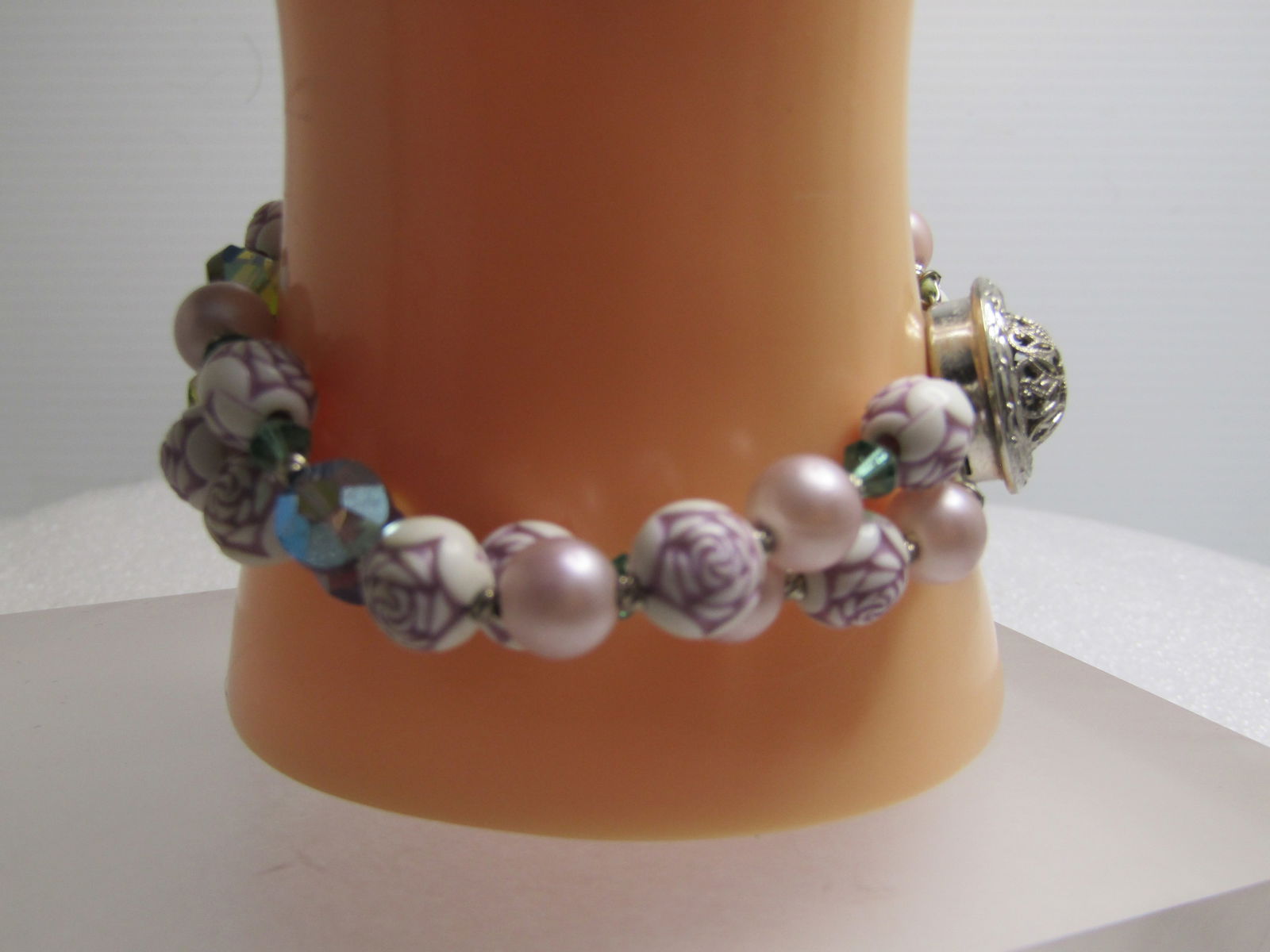 Vintage Double Strand Floral Bracelet, Crystal Beads Too, 7.5", Box Clasp, 1960's - 3