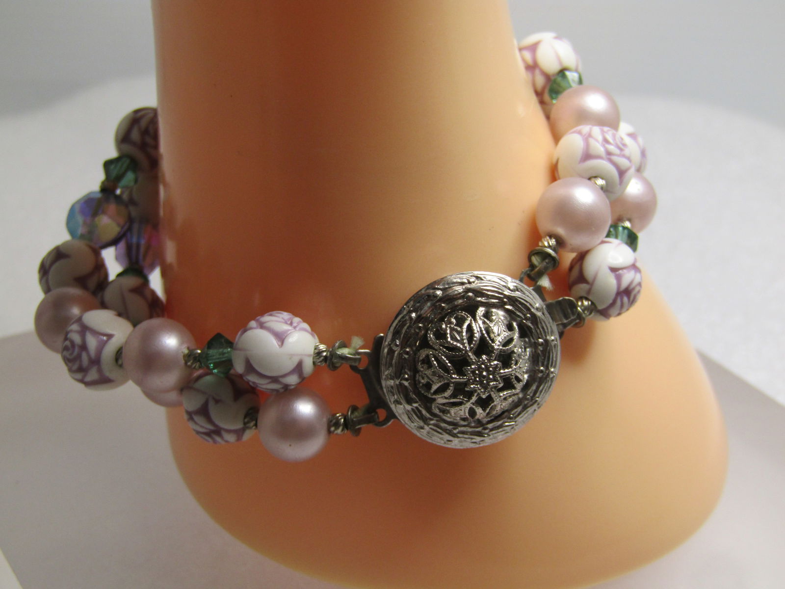 Vintage Double Strand Floral Bracelet, Crystal Beads Too, 7.5", Box Clasp, 1960's - 4