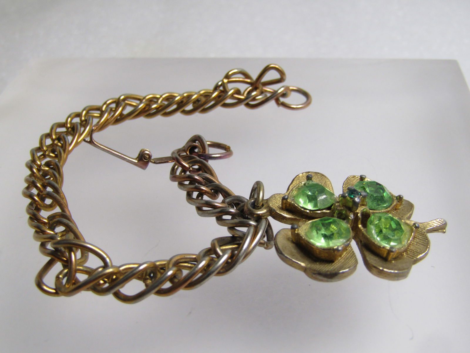 Vintage Green Rhinestone Shamrock Bracelet, 7.25", 1960's - 6