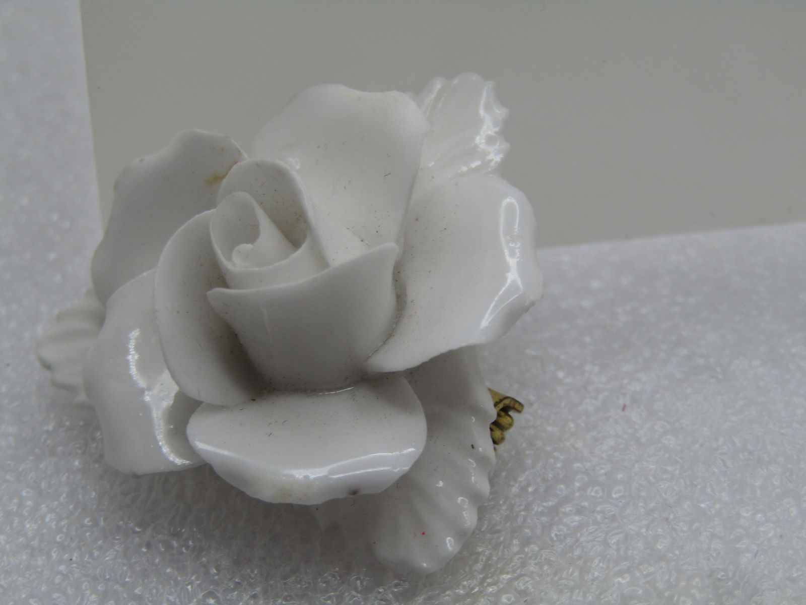 Vintage Painted White Rose Porcelain Brooch, Signed Denton with a crown, England, 1960's - 2
