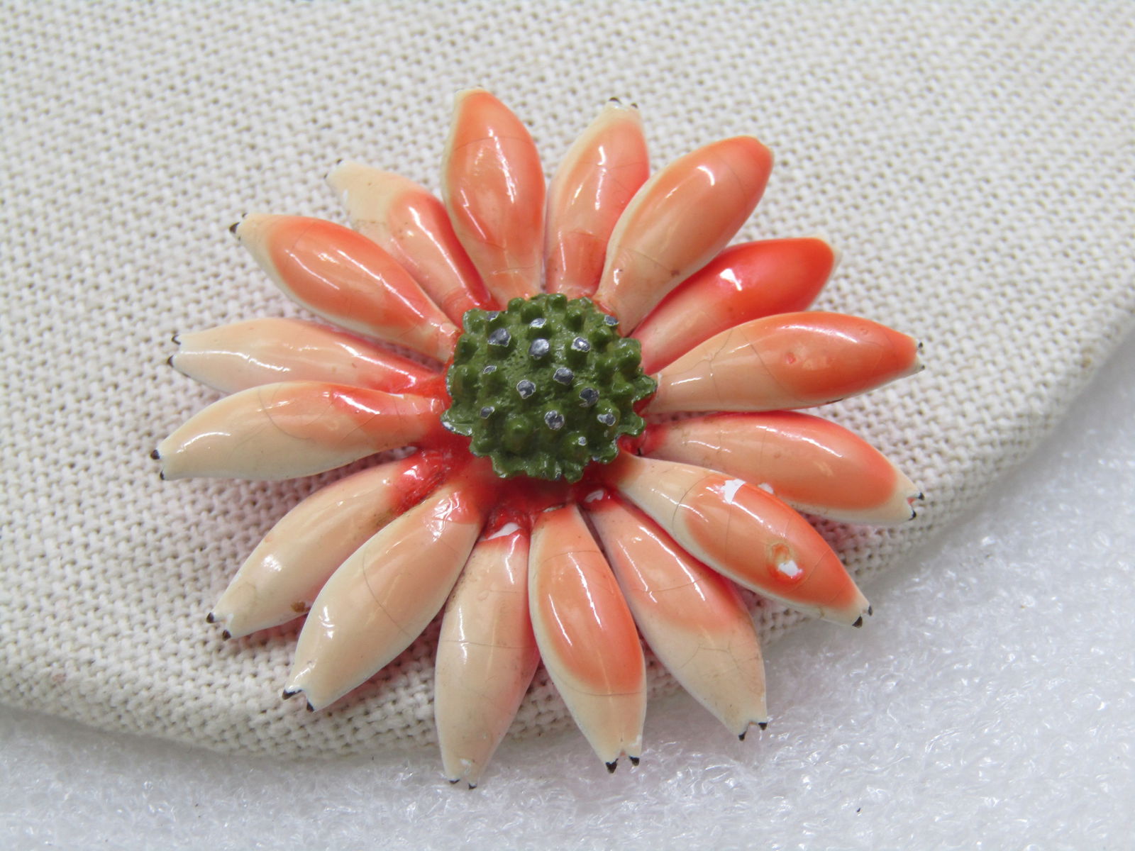 Vintage Orange/Cream Enameled Brooch, Floral, 1.5" wide. 1960's - 2