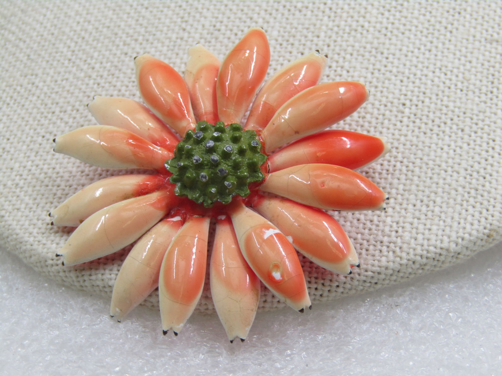 Vintage Orange/Cream Enameled Brooch, Floral, 1.5" wide. 1960's - 3