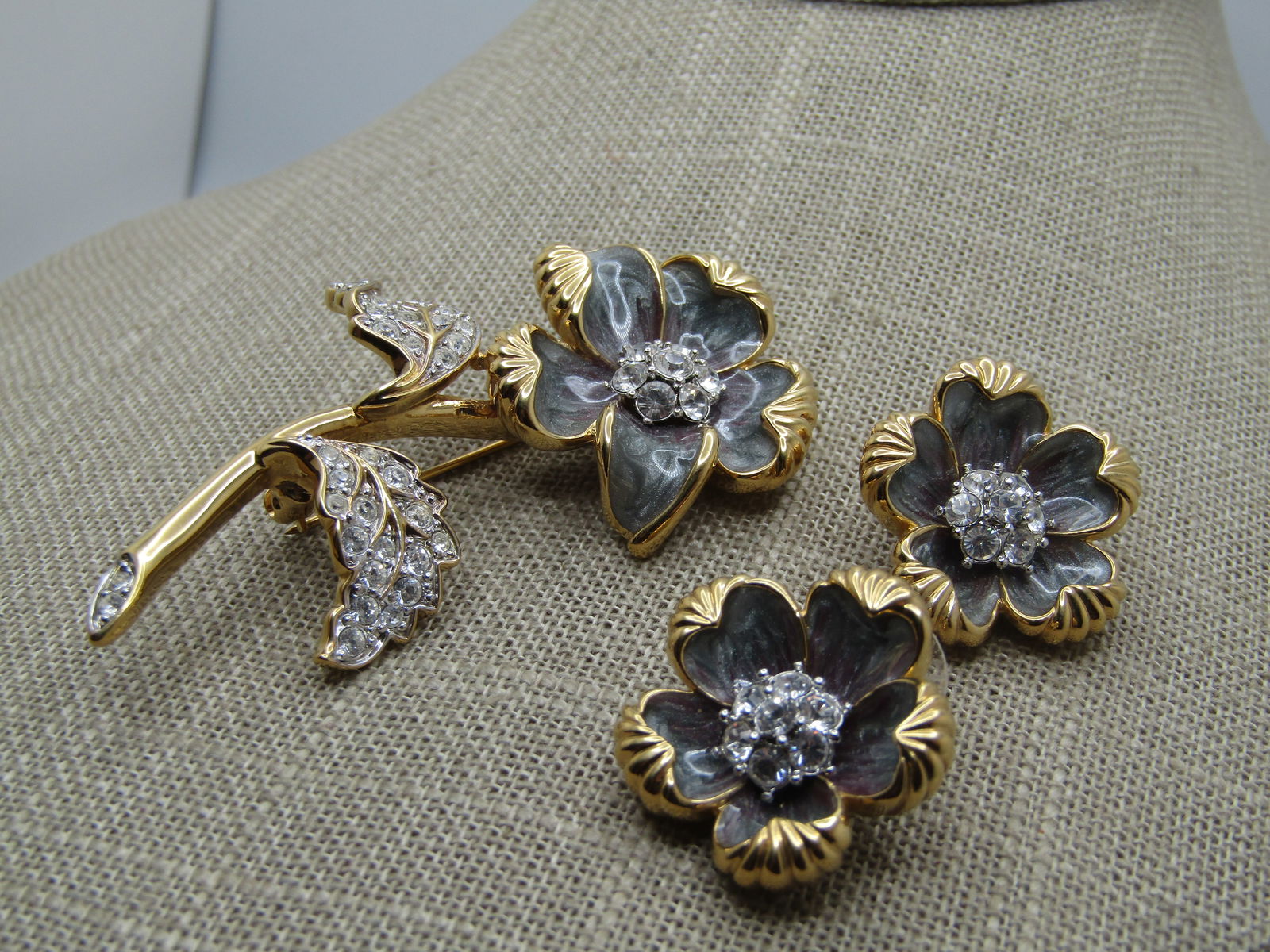 Nolan Miller Enameled Rhinestone Floral Brooch & Earrings Set, 1980's-1990's - 2