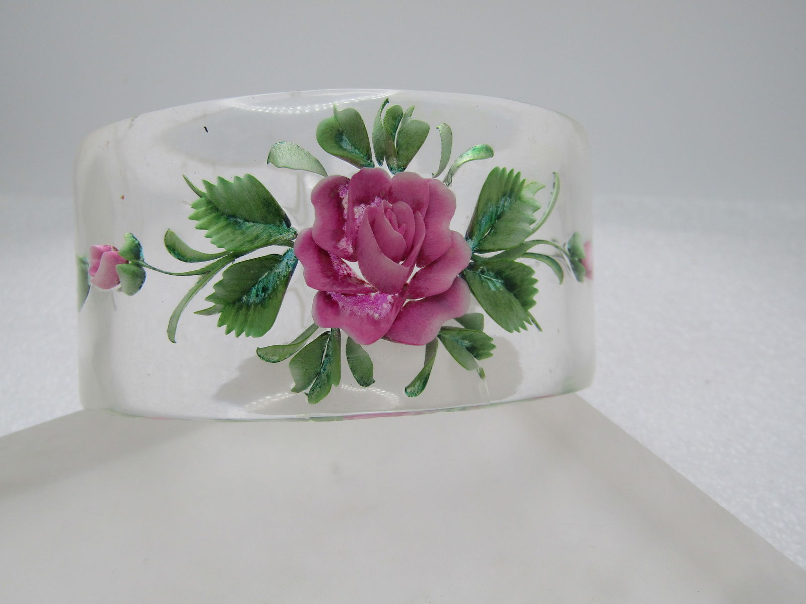 Vintage Reverse Carved Painted Bangle Bracelet, 8.25", Clear Lucite, 1960's - 2