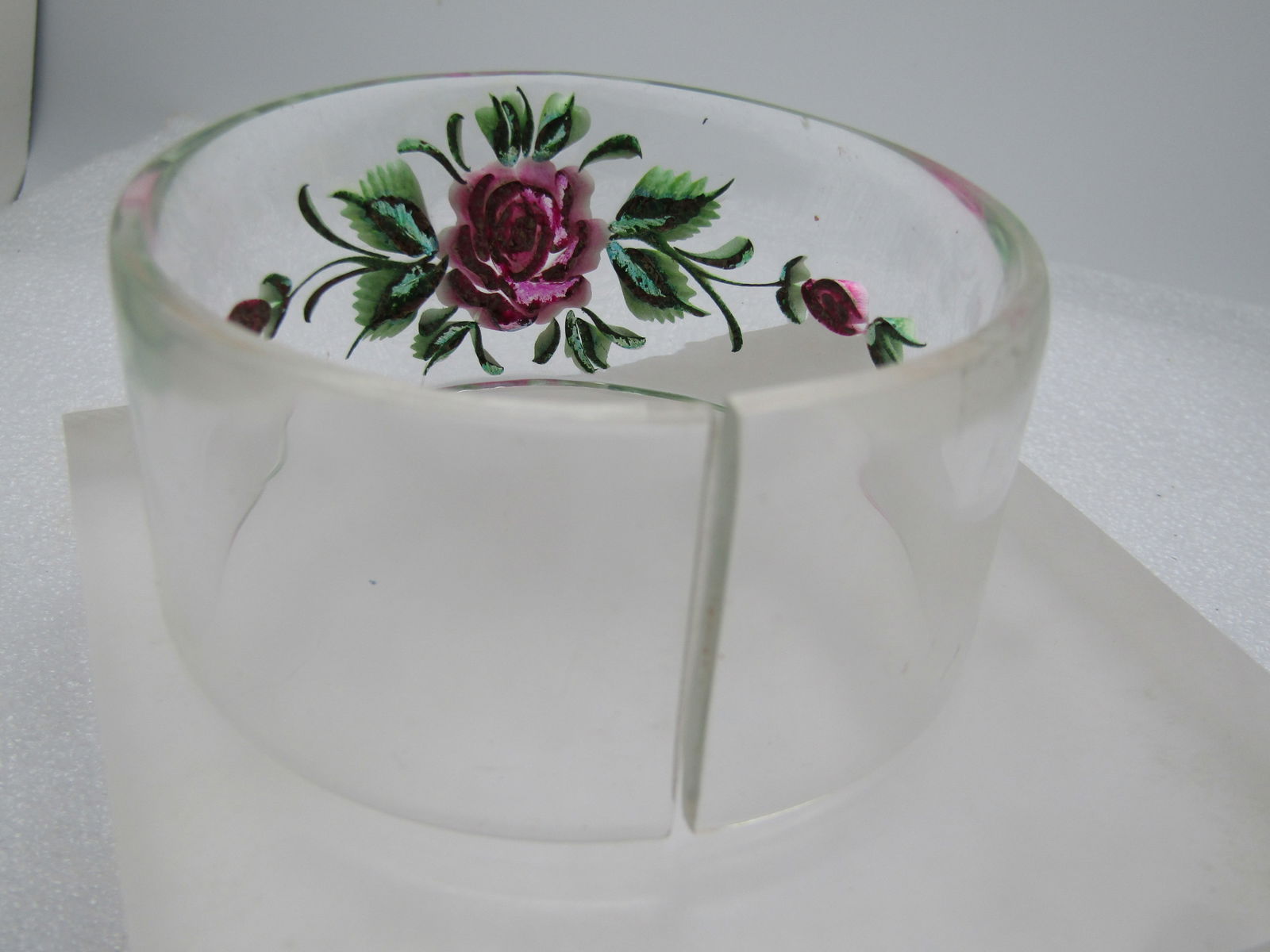 Vintage Reverse Carved Painted Bangle Bracelet, 8.25", Clear Lucite, 1960's - 3