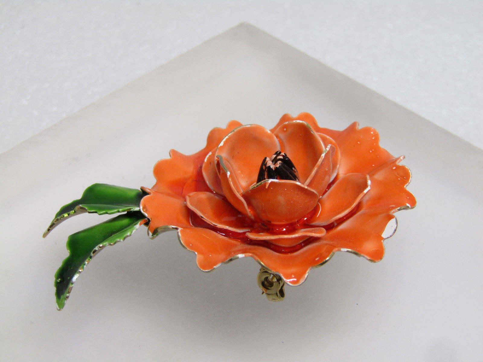 Vintage Orange Enameled Floral Brooch, Signed Pastelli, 1960's - 3