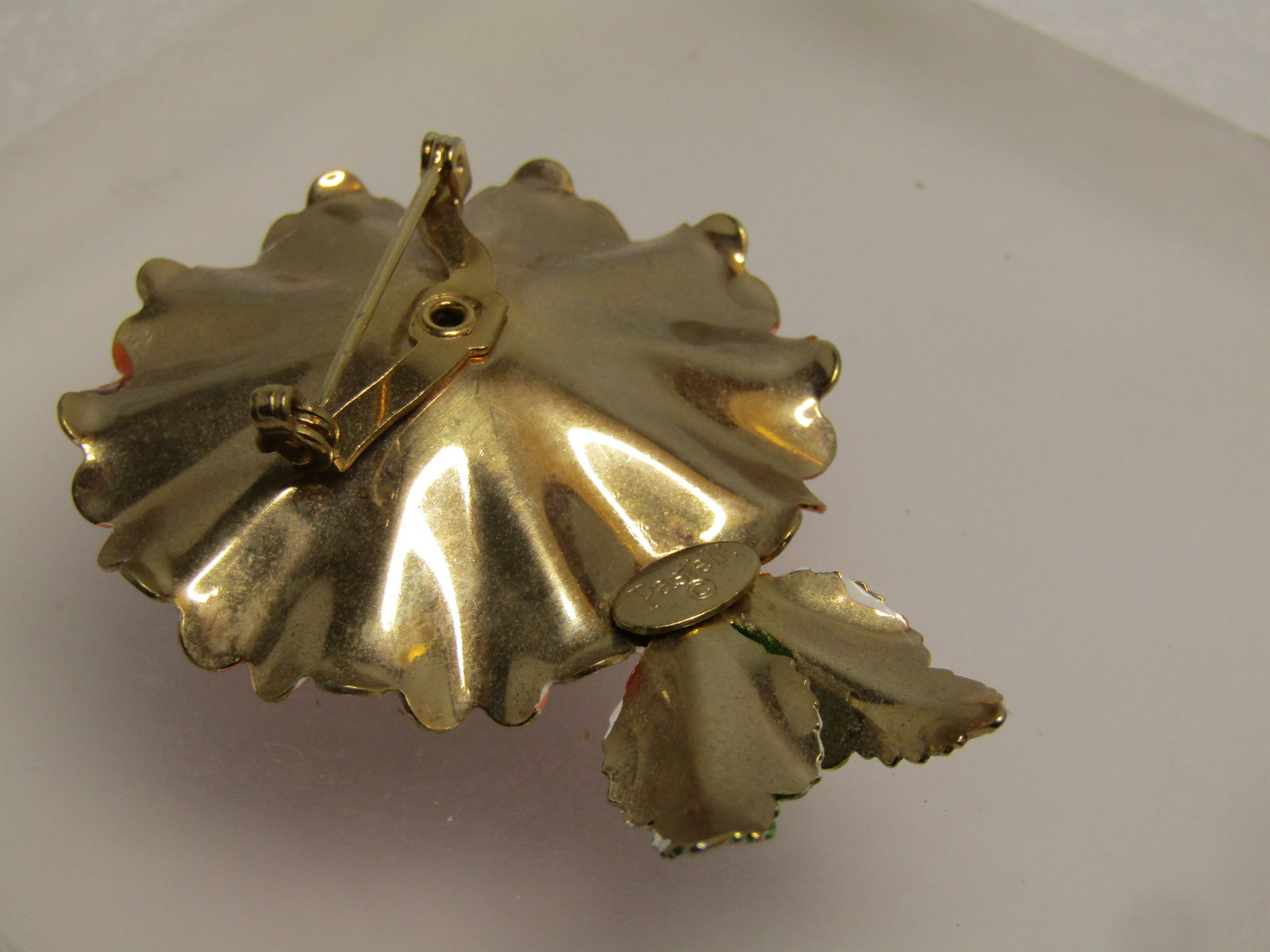 Vintage Orange Enameled Floral Brooch, Signed Pastelli, 1960's - 5