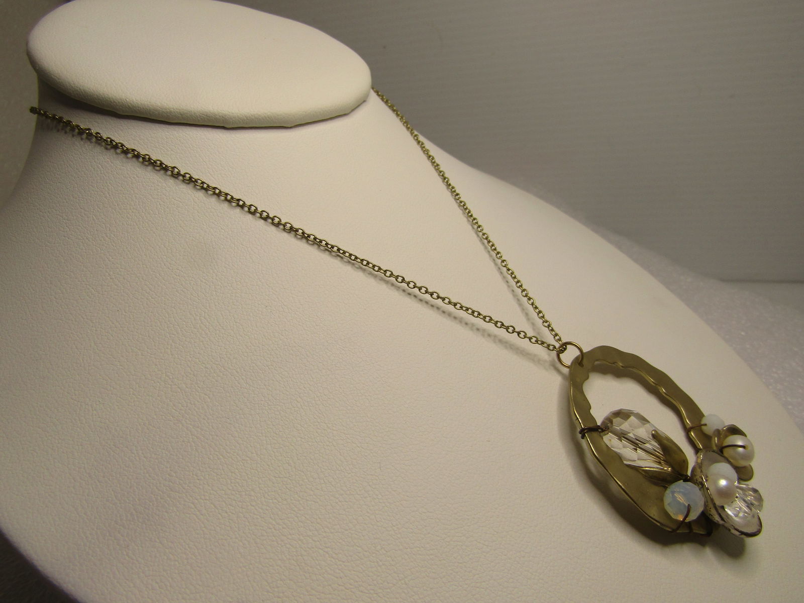 Hammered Crystal, Faux Pearl Necklace by Geranium, USA, 1990's 20" - 2