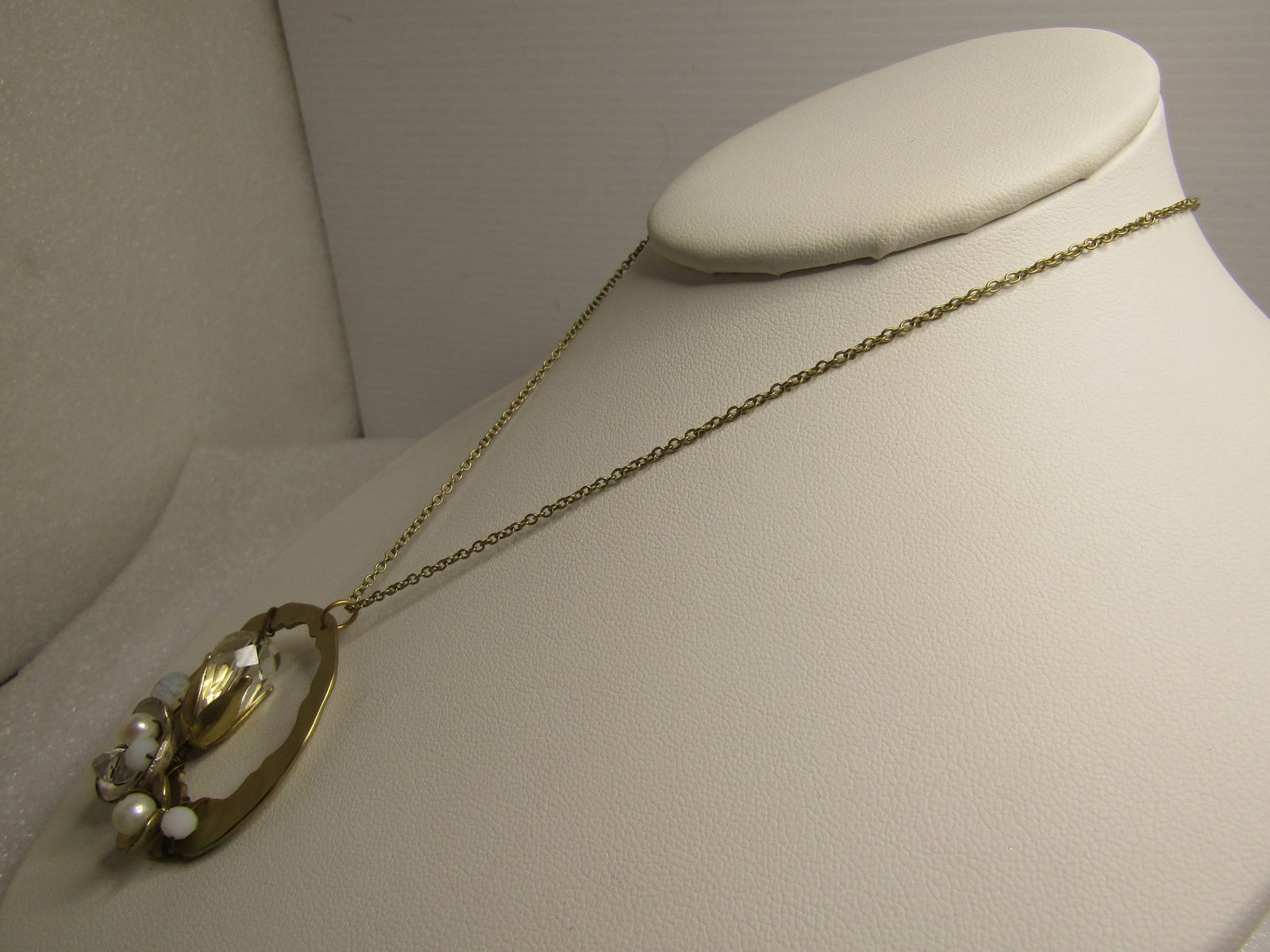 Hammered Crystal, Faux Pearl Necklace by Geranium, USA, 1990's 20" - 3