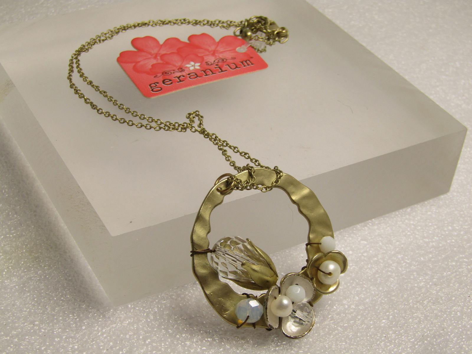 Hammered Crystal, Faux Pearl Necklace by Geranium, USA, 1990's 20" - 9