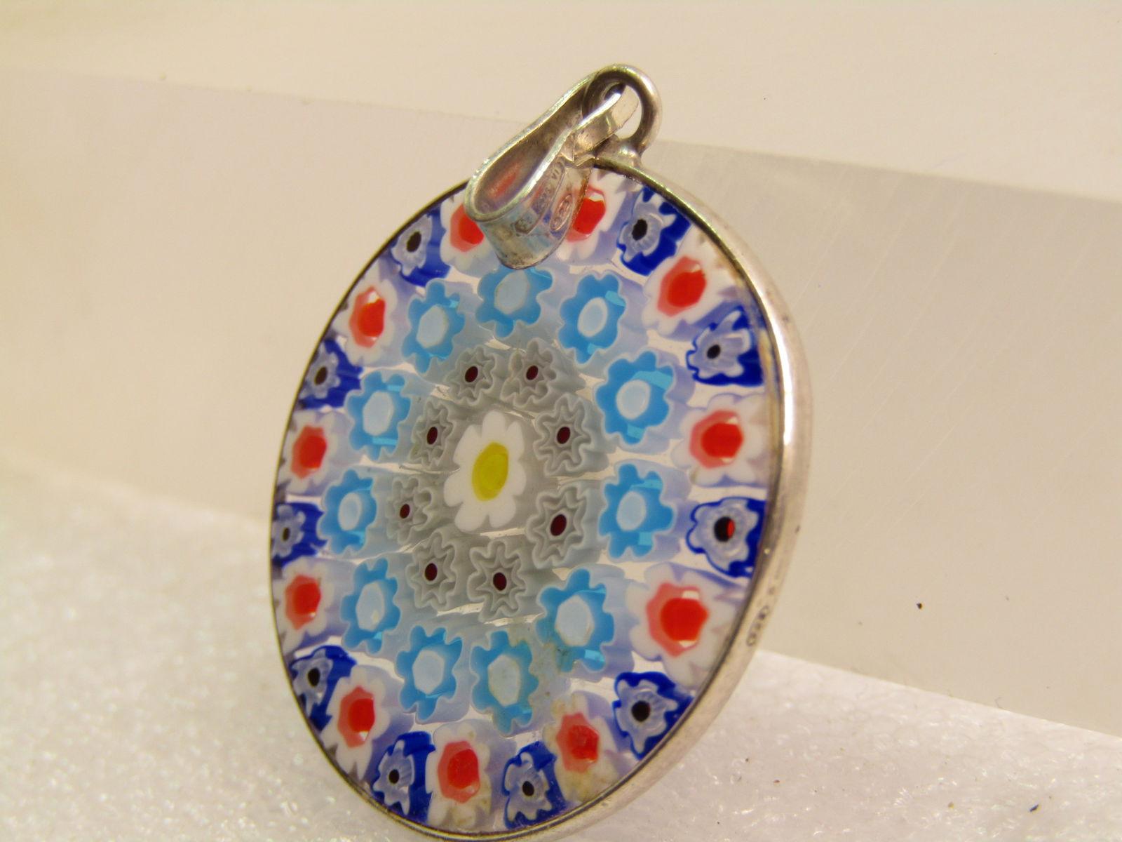 Sterling Silver Murano Milfiore Glass Pendant, 1990's 1.5", Signed - 2