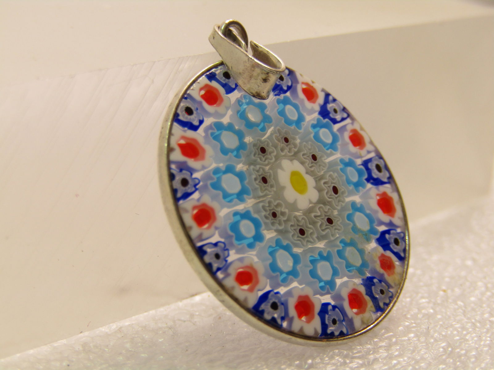 Sterling Silver Murano Milfiore Glass Pendant, 1990's 1.5", Signed - 3