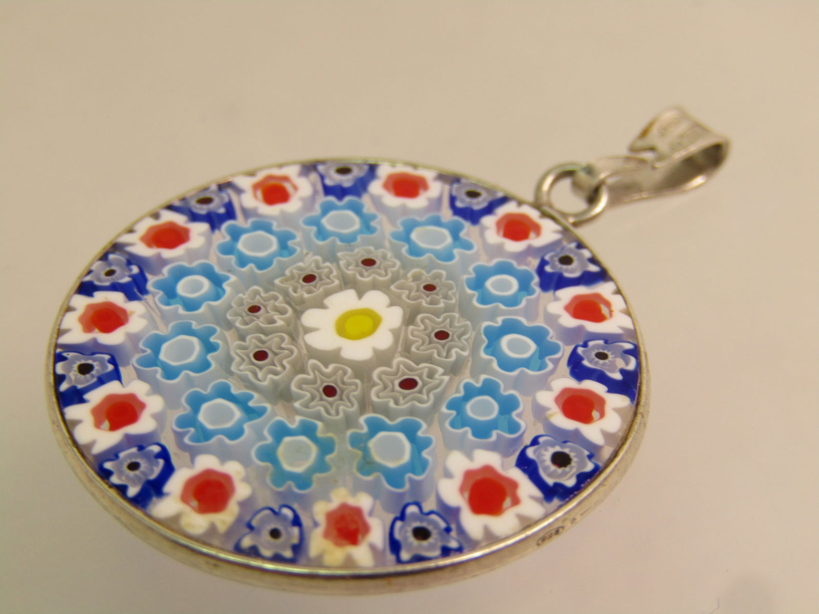 Sterling Silver Murano Milfiore Glass Pendant, 1990's 1.5", Signed - 5