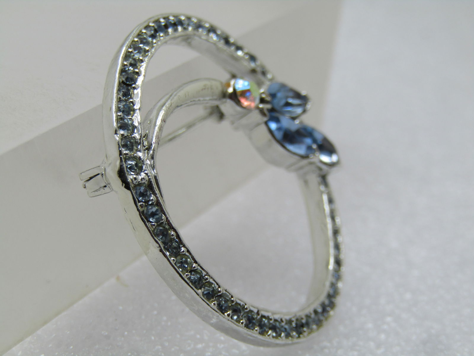 Vintage Baby Blue Rhinestone Floral Brooch, Circle, , 1970's-1980's - 3