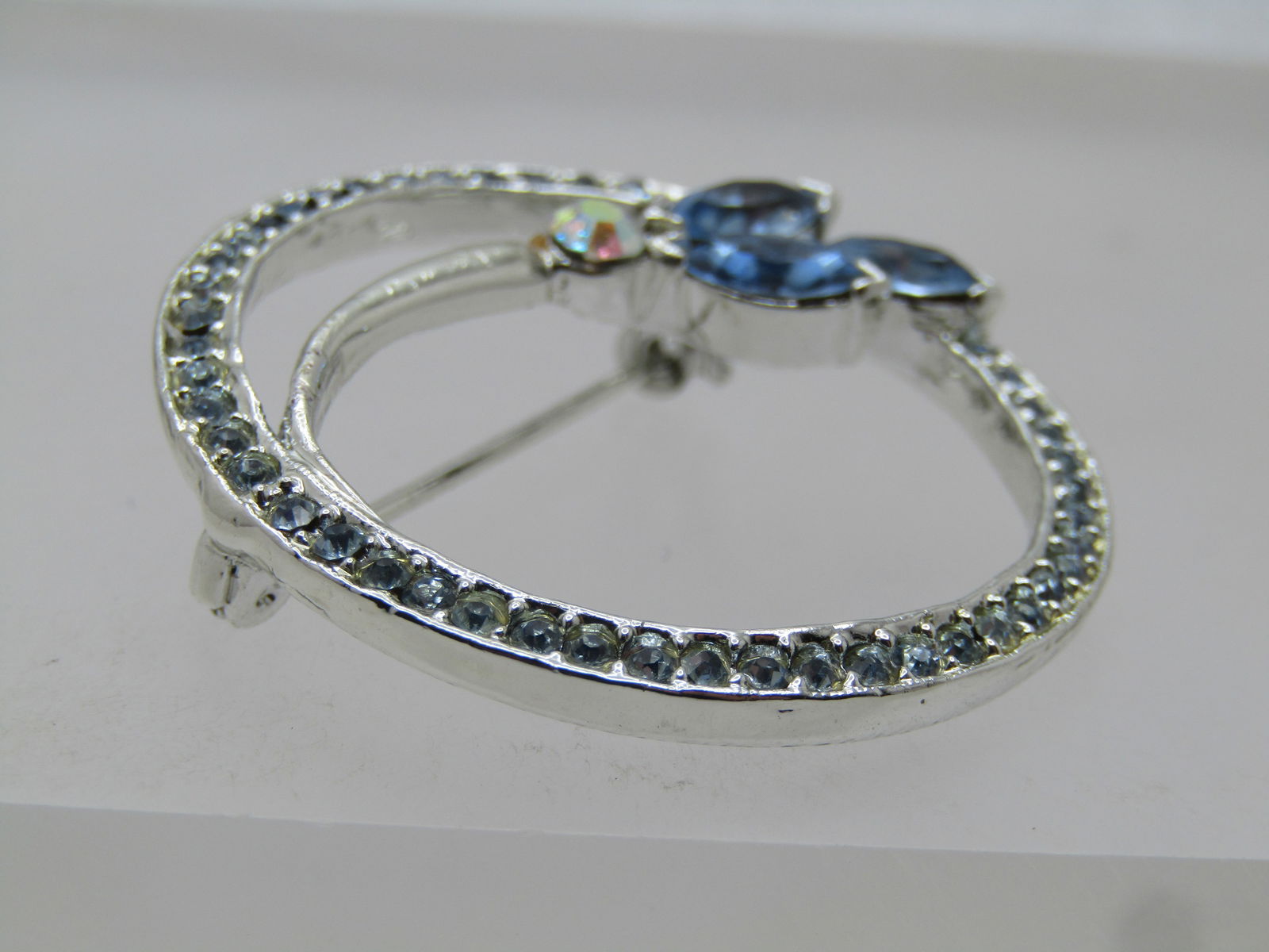 Vintage Baby Blue Rhinestone Floral Brooch, Circle, , 1970's-1980's - 5