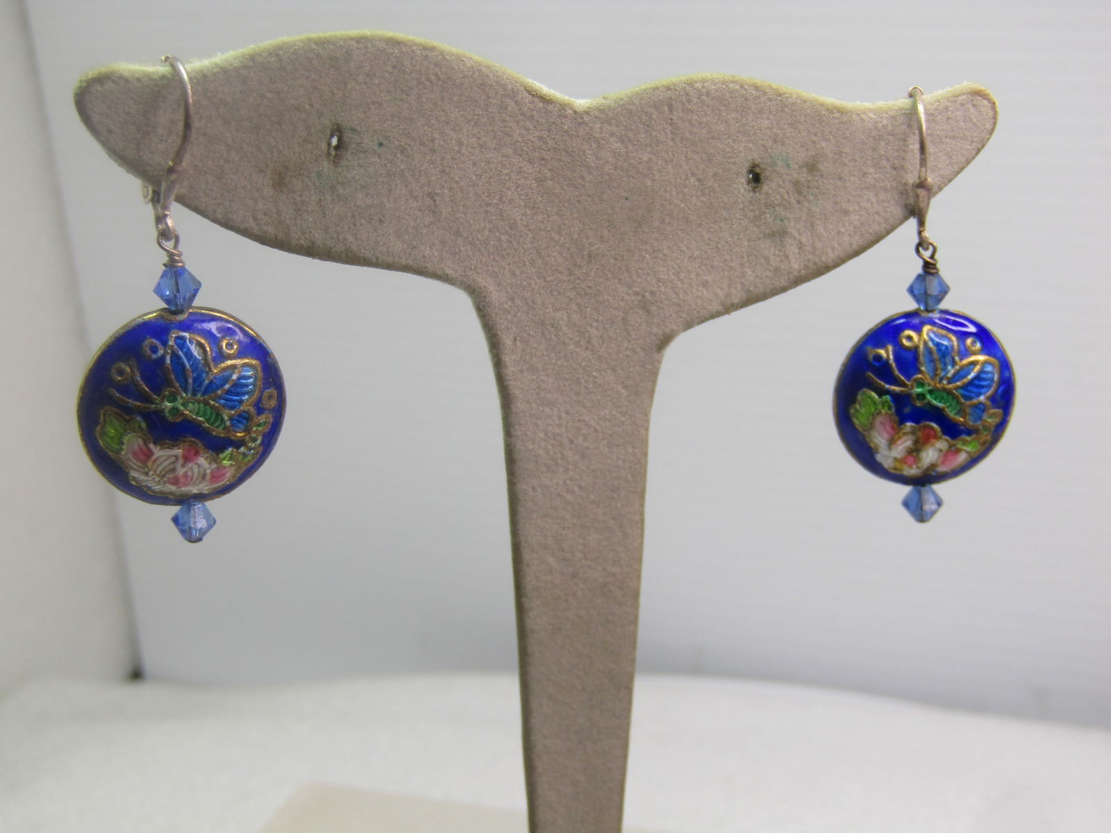 Vintage Sterling Leverback Cloisonne Earrings, Pierced, Dangle, Butterflies/Floral, 1980's: Vintage Sterling Leverback Cloisonne Earrings, Pierced, Dangle, Butterflies/Floral, 1980's. The leaverbacks are marked .925 and test as sterling with the total weight of earring being appx. 4.88 grams