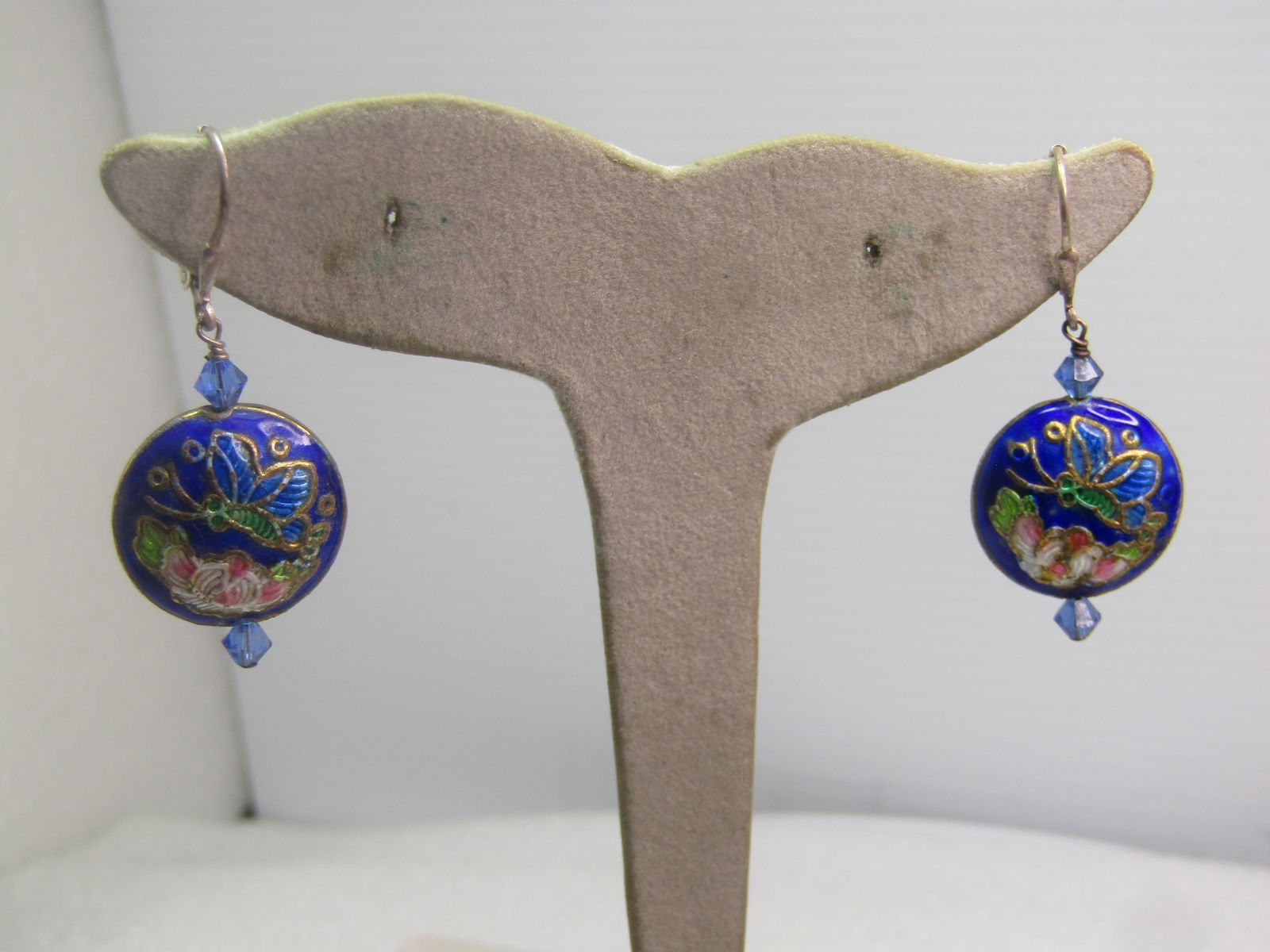 Vintage Sterling Leverback Cloisonne Earrings, Pierced, Dangle, Butterflies/Floral, 1980's - 2