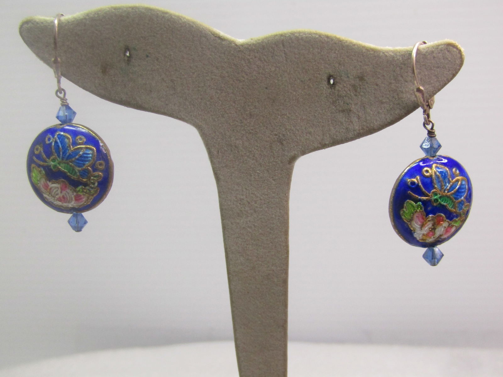 Vintage Sterling Leverback Cloisonne Earrings, Pierced, Dangle, Butterflies/Floral, 1980's - 3