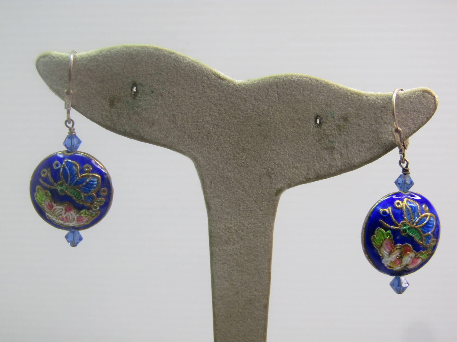 Vintage Sterling Leverback Cloisonne Earrings, Pierced, Dangle, Butterflies/Floral, 1980's - 4