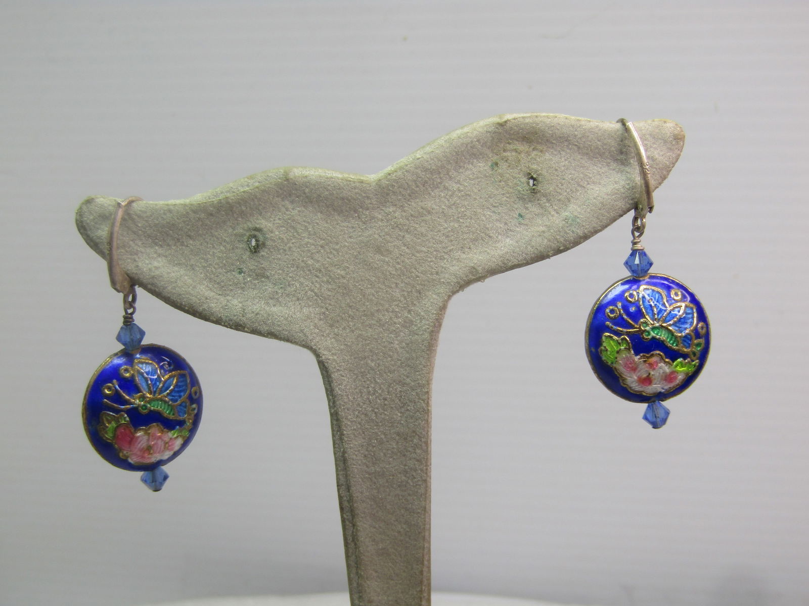 Vintage Sterling Leverback Cloisonne Earrings, Pierced, Dangle, Butterflies/Floral, 1980's - 5