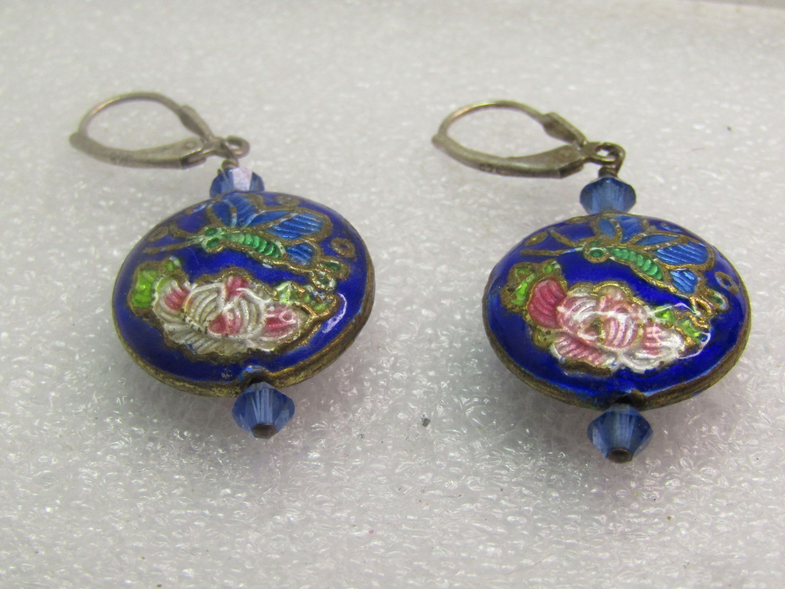 Vintage Sterling Leverback Cloisonne Earrings, Pierced, Dangle, Butterflies/Floral, 1980's - 6