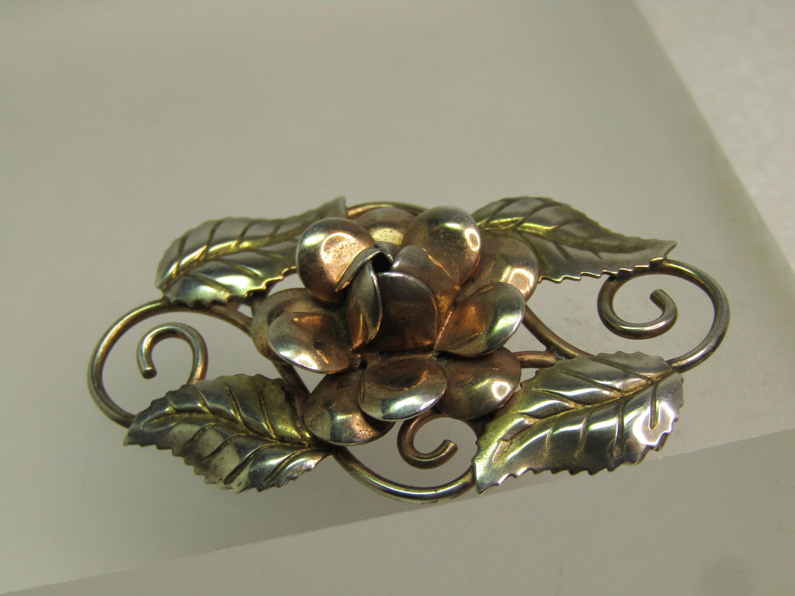 Vintage Sterling Blossom & Leaves Brooch, Two-Tone, 1940's - 2