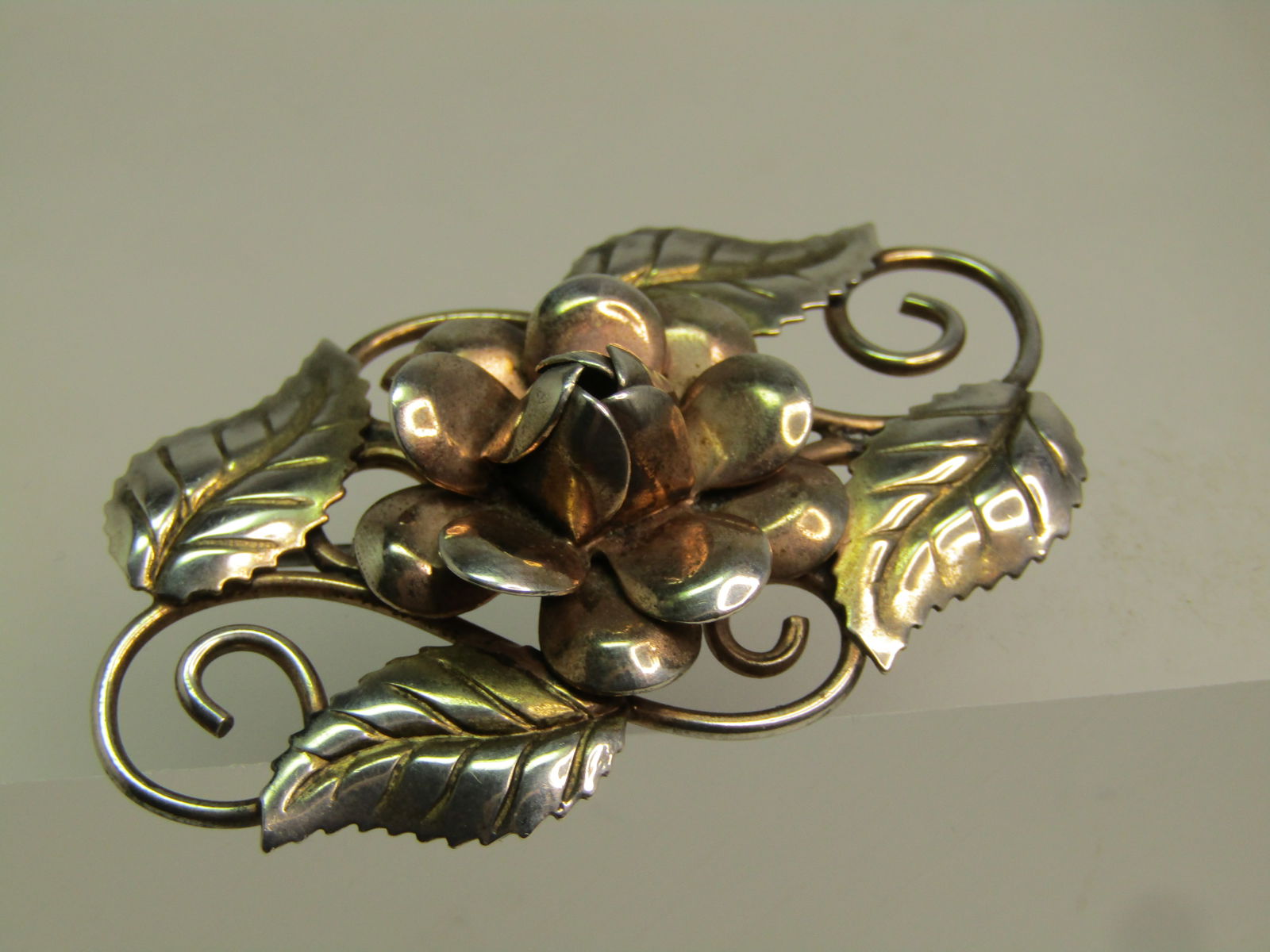 Vintage Sterling Blossom & Leaves Brooch, Two-Tone, 1940's - 3