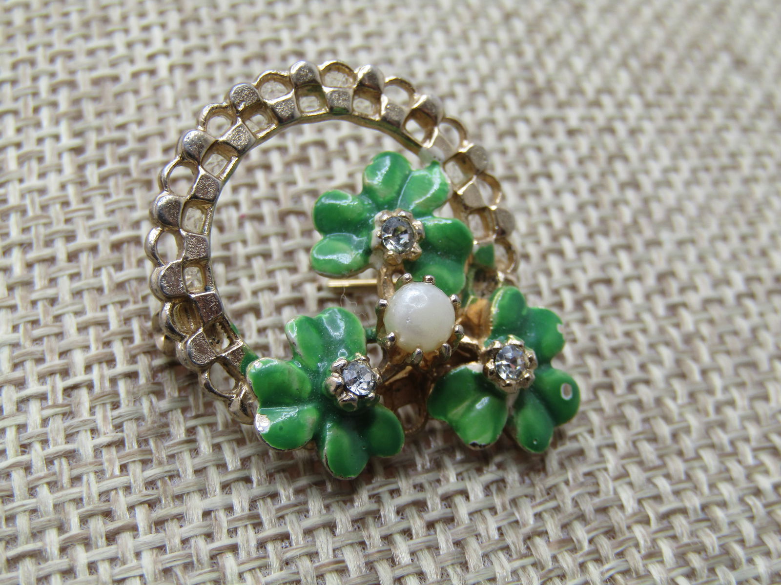 Vintage Enameled Shamrock Clear stone Brooch, 1950's-1960's - 2