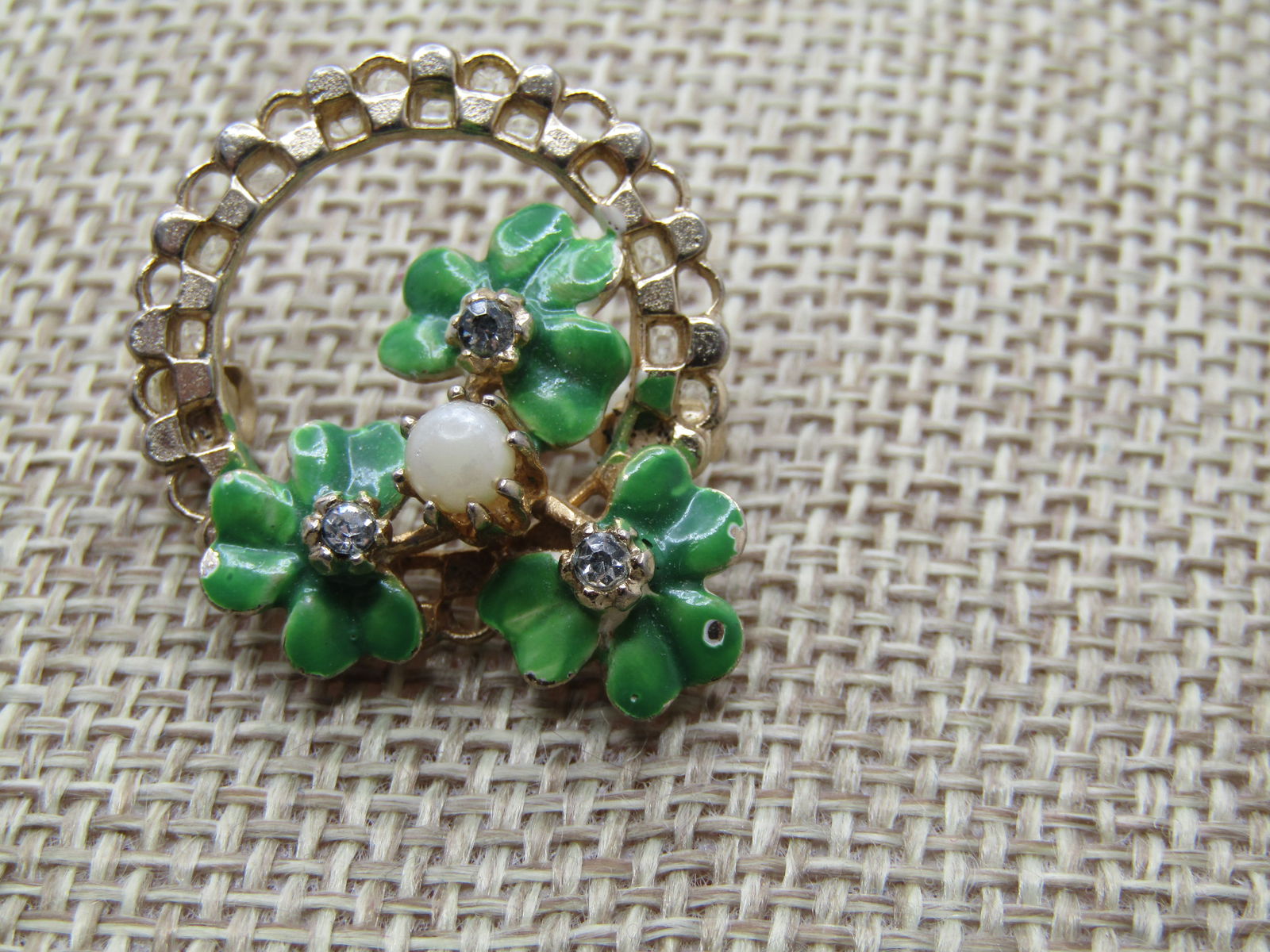 Vintage Enameled Shamrock Clear stone Brooch, 1950's-1960's - 3